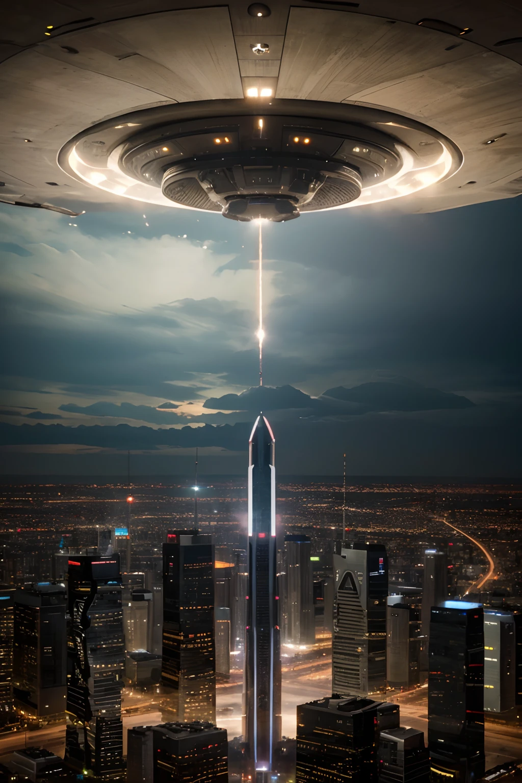 Aliens are coming forward, humans are shooting guns, humans and tanks are shooting at aliens with high-tech weapons, ufo and drones are slowly descending to the ground, in a futuristic city built with high technology, cinematic, realistic, high detailed, ultra hd resolution.