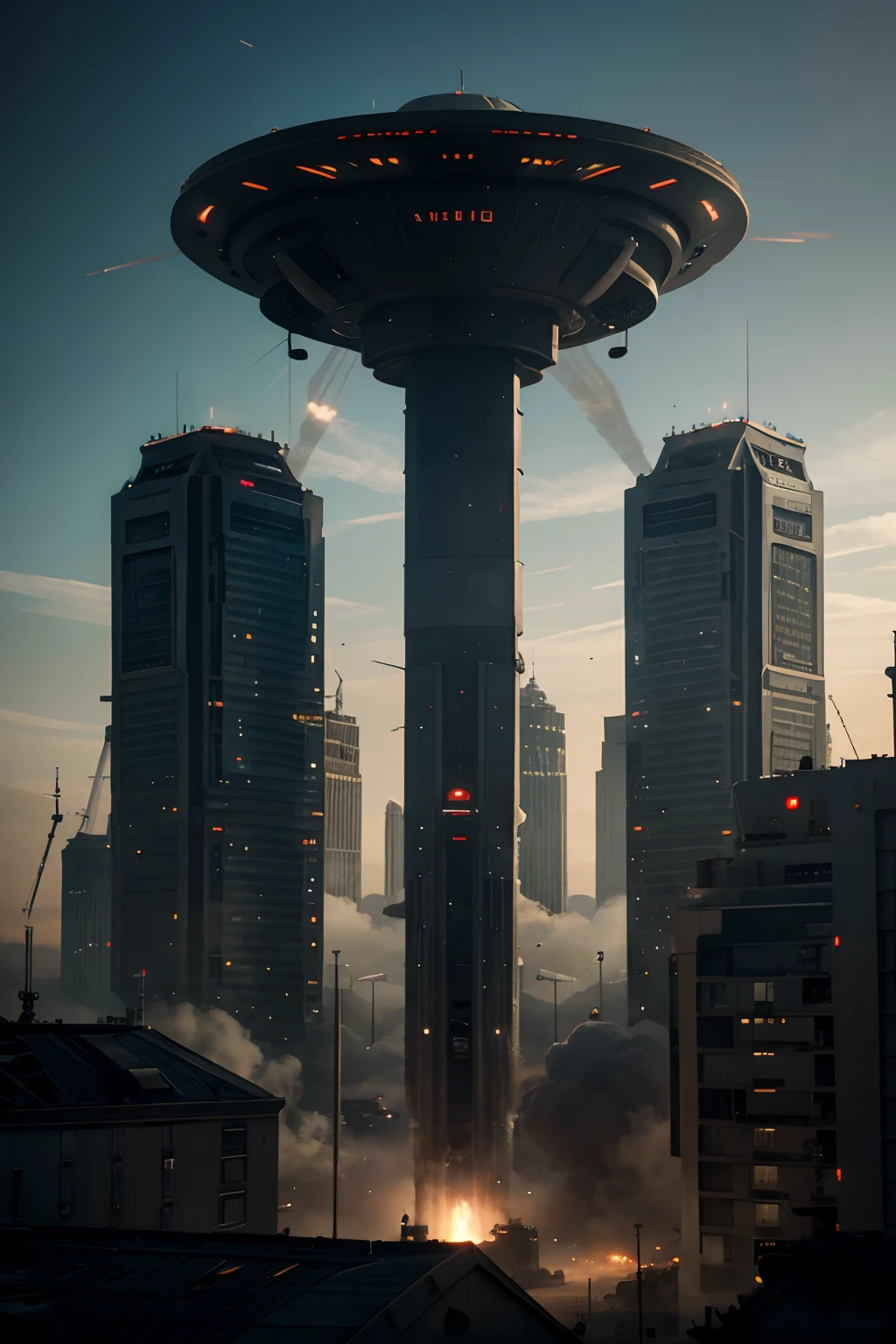 Aliens are coming forward, humans are shooting guns, humans and tanks are shooting at aliens with high-tech weapons, ufo and drones are slowly descending to the ground, in a futuristic city built with high technology, cinematic, realistic, high detailed, ultra hd resolution.