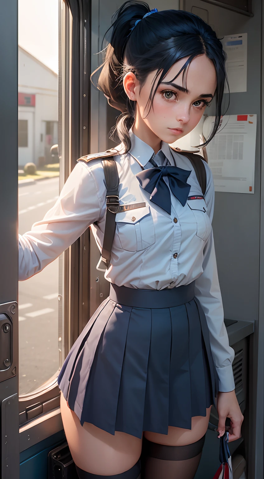 1girl in, Solo, Laura S. Alceid (long dark blue hair, Ponytail and side van, small tit), (Inspired by the trail of cold steel) ,(Accurate Hand Modeling,),(natta),(moonlights),In a school dress showing off her panties, Wearing the uniform of the cadet school, embarrassed