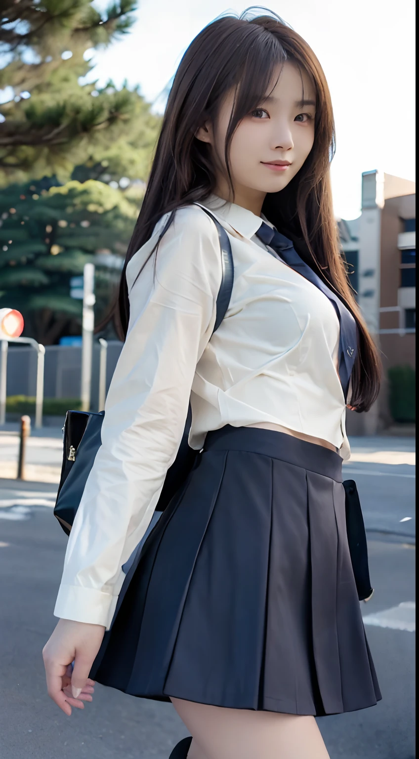 (16 K, Raw photography, Top image quality, masterpiece: 1.45), (realisitic, Photorealsitic: 1.37), one girls, cute little, A city scape,, profetional lighting, photon maping, school classrooms, physically-based renderingt, dark brown hair,pony tail hairstyle, Well-groomed and beautiful eyes、((二重まぶた))、Transcendent Cute Girl, (((student clothes、blazers、Long sleeve shirt worn by Japan high school girl、Ribbon Ties、Dark blue mini skirt,、Dark blue socks、Black loafers))), Top Quality Photos, hight resolution, 1080p, (clearface), (Detailed face description), (Detailed hand description), (masterpiece), (Exquisite CG)、extreme light and shadows、dishevled hair、master work、abundant detail、(Fine facial features)、(top quality photo)、(masuter piece)、(A detailed eye)、Look in front of you、Fine clavicle、((Slender big))、(((Japan schoolgirls wear jackets and long-sleeved shirts)))、((Neat and clean idol))、((School Gate、school ground、School building in the background))、(Shooting from random perspectives)、(((Anyway cute)))、耳Nipple Ring、A big smile、Drawing the whole body from the knees、Do not draw nasolabial folds、(((Sports bags used by Japan schoolgirls)))、(Big breasts that hang down big:1.2)、Big buttocks with tension、Two arms and two legs、(((from the front side:0.7)))、bare hand、(((Left and right symmetrical eyes)))、Standing Pose、There are chairs、Put your hands on your desk、Do not take the tie out of the jacket、Raise your buttocks:1.5,barebacked:1.5,