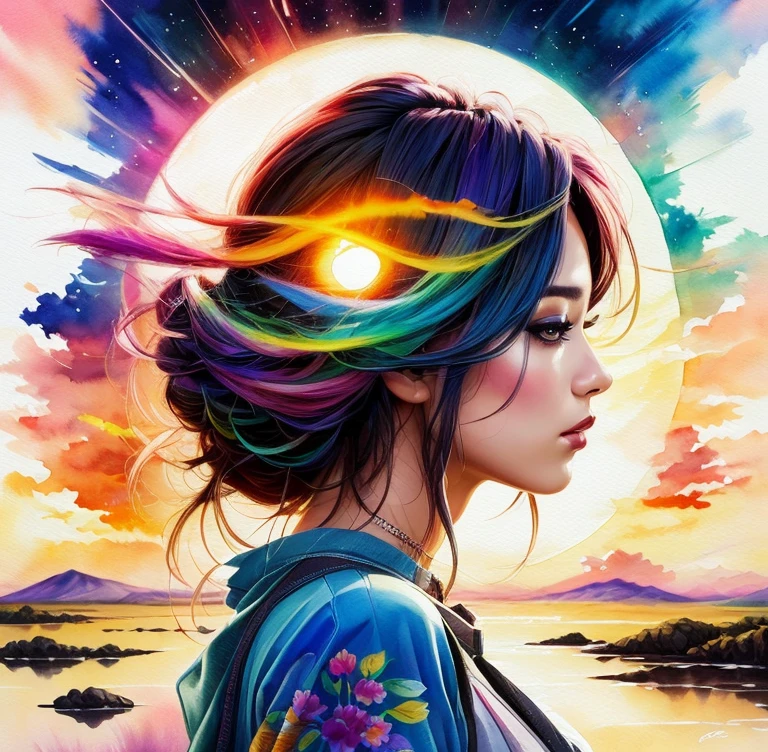 a woman with a colorful painting on her face and a sunset in the background, beautiful art uhd 4 k, art of alessandro pautasso, watercolor detailed art, a beautiful artwork illustration, beautiful gorgeous digital art, japanese art style, side profile artwork, stunning art style, gorgeous digital art, colorful art, jen bartel, exquisite digital illustration, colorful dream