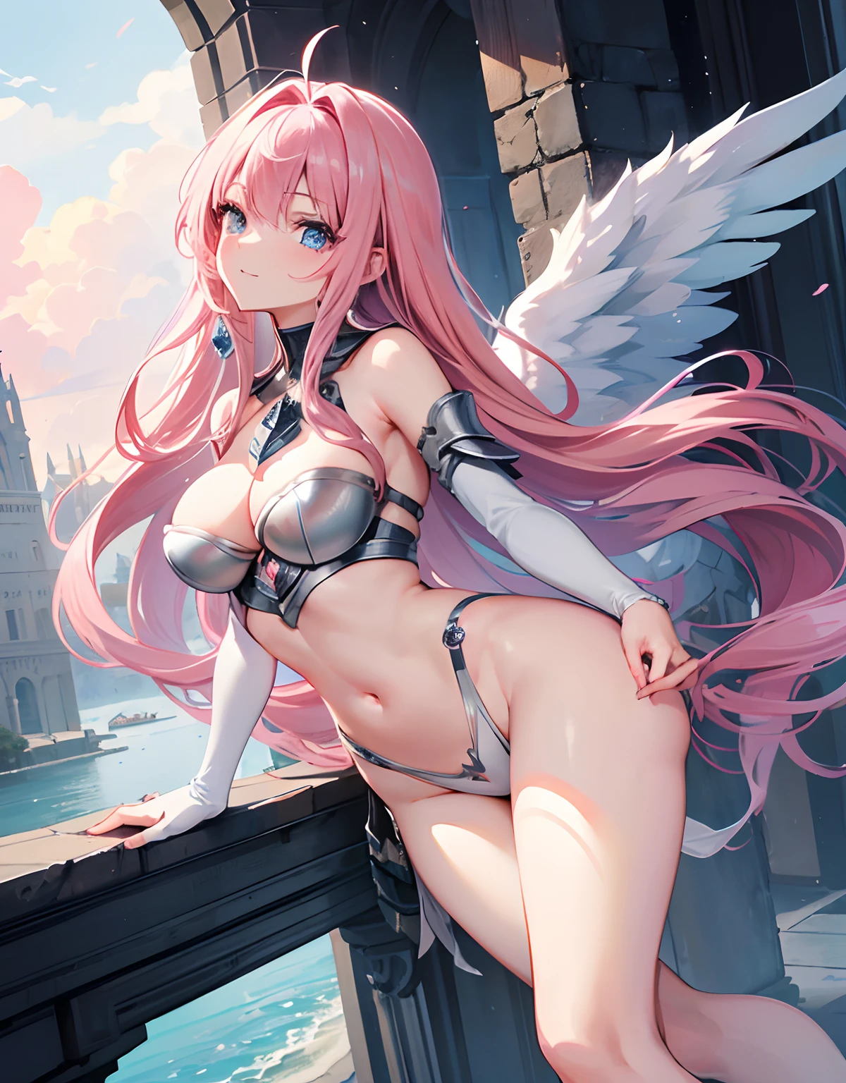 ((Masterpiece, Highest quality)), Detailed face, Beautiful face， full bodyesbian, Full of details, Highly detailed, Depth, Beautiful girl with pink hair，with hair dishevelled，long pink hair，Sick，White pupils，The legs are very thin，The legs are long, blue eyelashes, ​masterpiece, 1girl ((20 years old)) knight, Paladin, (silver armor) (silver helm), Hammer, (holdin Thor's Hammer) valkyrie, (winged helm), exposes navel, medium breasts, from behind, buttcup, looking back, Smile, Long hair, (pink hair, Deep Blue Eyes:1.2), Sparkling eyes, Cute face, kawaii, Large breasts, delicate hair, disheveled hair, medeival fantasy town, Huge city, Beautiful city with gardens, monument, Palaces and beautiful buildings, Epic Fantasy City, ((low camera angle, ground view)) Tall and tall，Thin, 8k, ultrarealistik, oficial art,