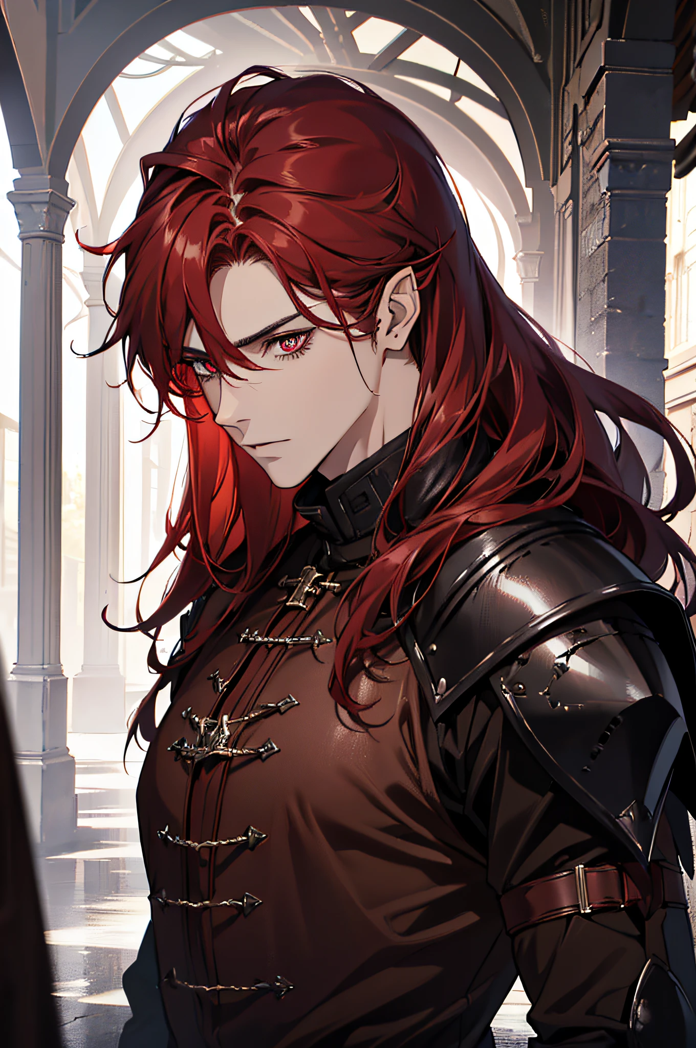 (absurdres, highres, ultra detailed), 1 man, adult, beautiful, strong, musculous, pointy ears, long red-haired, dark red eyes, detailed face, finely detailed eyes, fantasy, dark brown clothes warrior, leather armor, fantasy forest, dark forest, dark theme, cinematic lighting, colorful