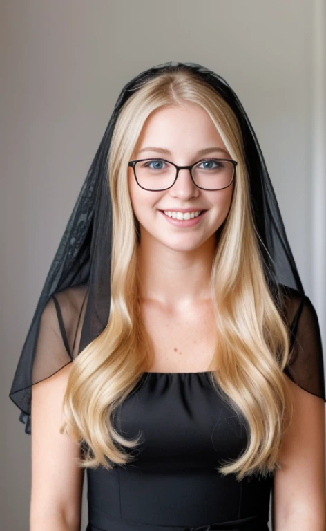 Wide shot portrait of a 23 years old barefoot blonde woman wearing a black veil, glasses and a long dress,  calm smile, blue eyes, freckles.