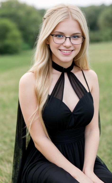 Wide shot portrait of a 23 years old barefoot blonde woman wearing a black veil, glasses and a long dress,  calm smile, blue eyes, freckles.