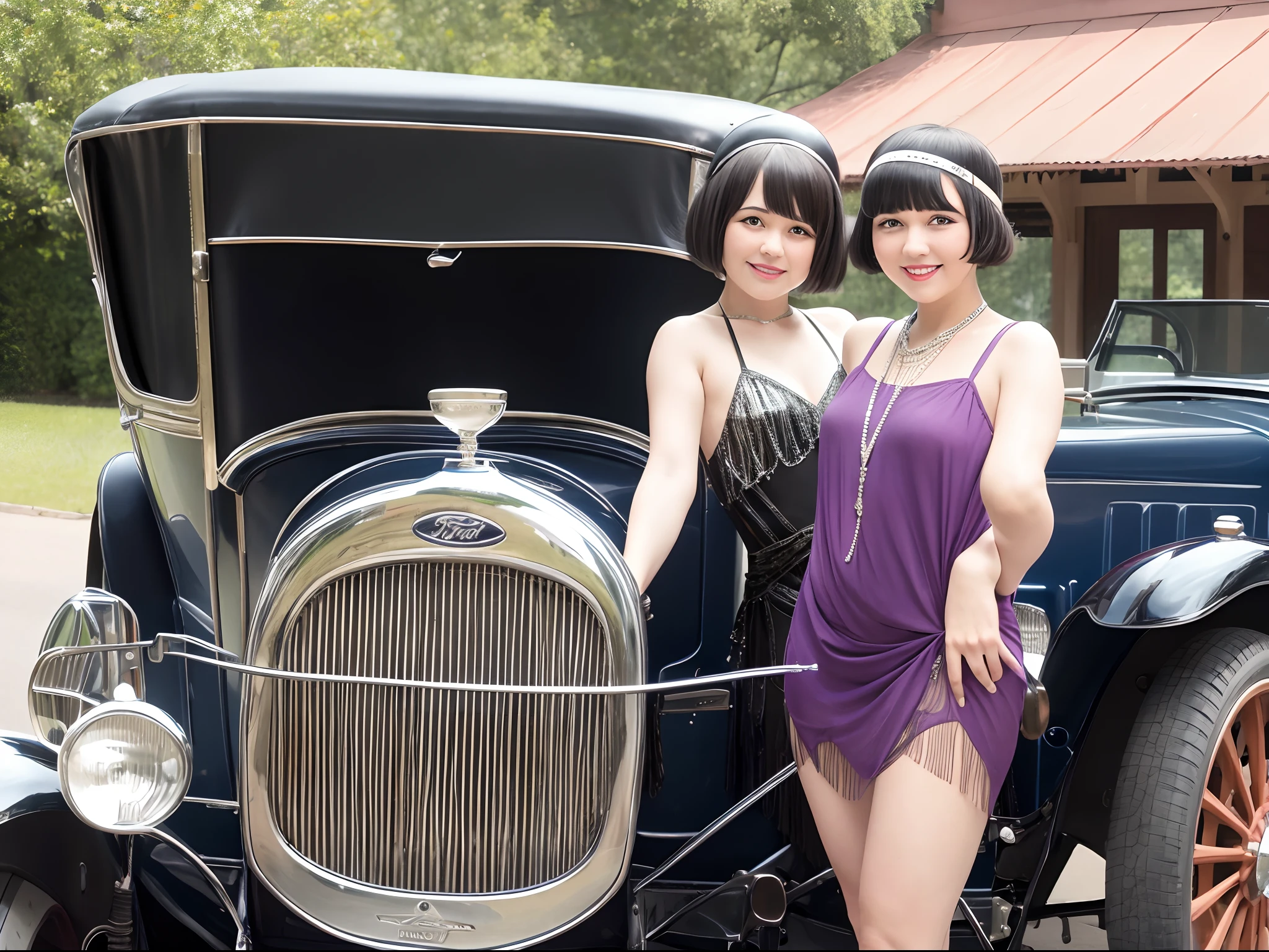 A 1920s flapper girl standing next to a 1920's Ford car