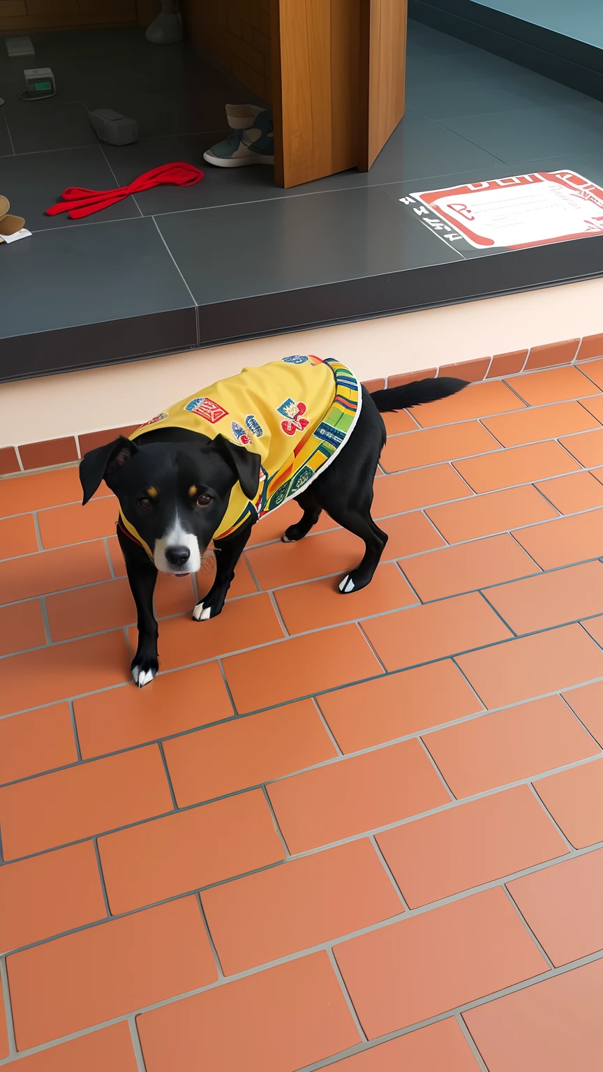 There's a dog wearing a shirt on the brick floor, um bonito, muito bonito, she is wearing a wet coat, vestindo uma capa de barca, print ready, Olhar peruano, parecendo feliz, capa de chuva amarela, peludo bonito precisa de sua ajuda, aw, Directed by: Nandor Soldier, muito animado, Brutus, usando uma jaqueta extravagante, olhar orgulhoso