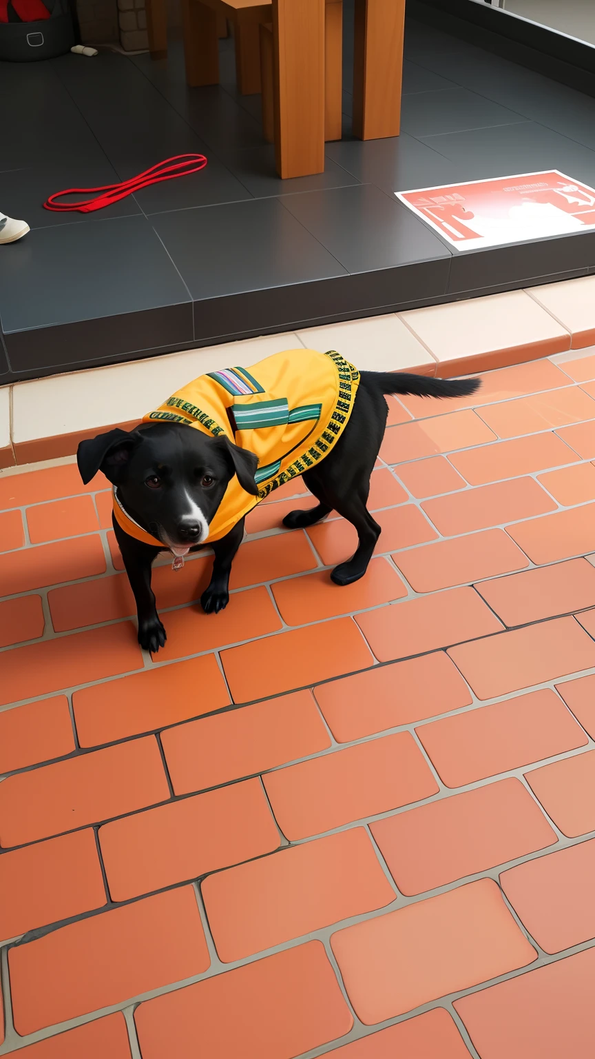 There's a dog wearing a shirt on the brick floor, um bonito, muito bonito, she is wearing a wet coat, vestindo uma capa de barca, print ready, Olhar peruano, parecendo feliz, capa de chuva amarela, peludo bonito precisa de sua ajuda, aw, Directed by: Nandor Soldier, muito animado, Brutus, usando uma jaqueta extravagante, olhar orgulhoso