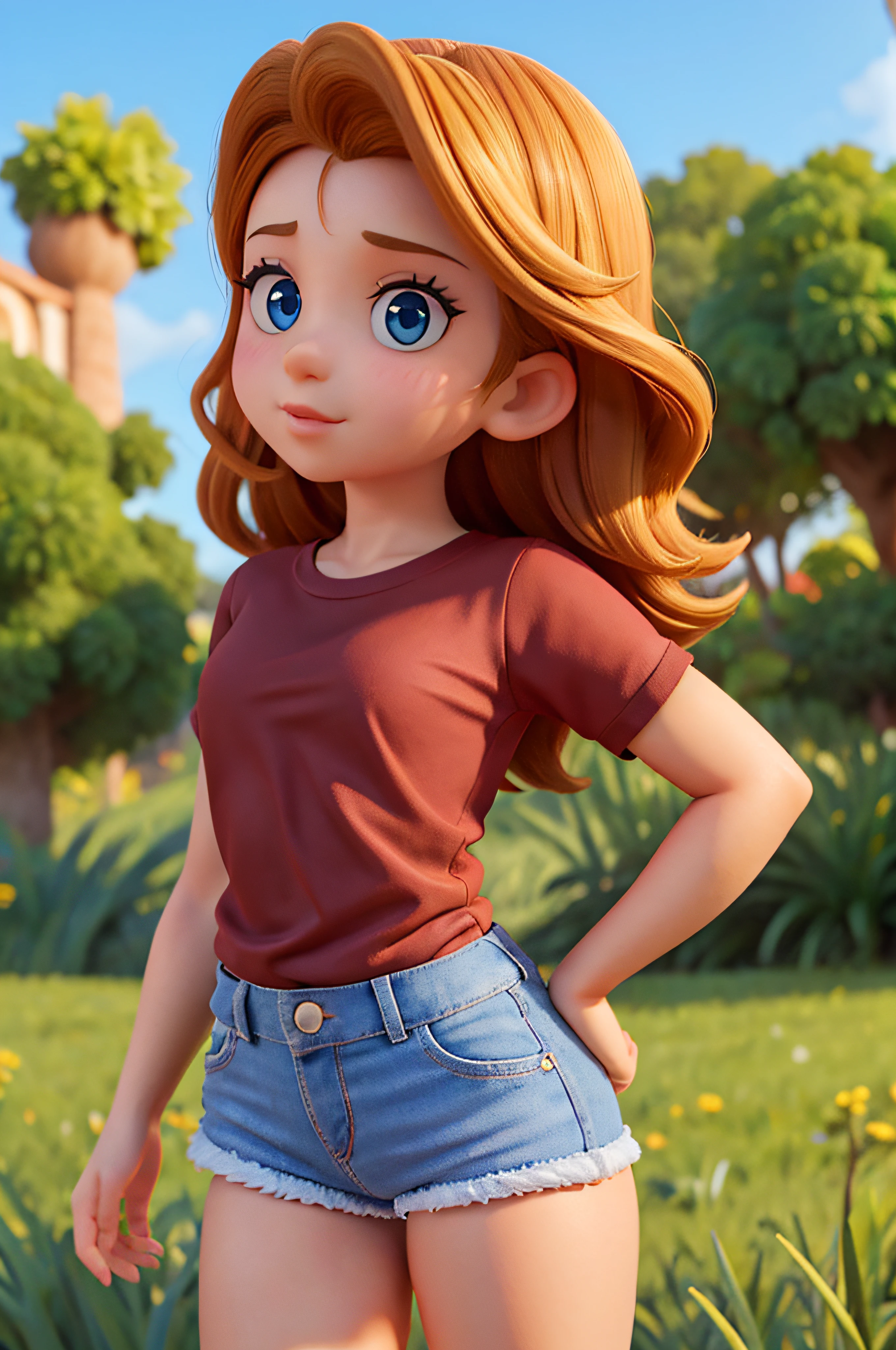 Quero a imagem de uma princesa da Disney. Ela tem cabelo moreno iluminado, ondulado e longo. Olhos castanhos escuros. Sombrancelha fina e pequena. Your nose is medium. On your lips there's glossy gloss. Em baixo de sua boca tem um pinta marrom, do lado direito. He's wearing a tight brown t-shirt, e um shorts curto. Your legs are thick, And your body is full-bodied. is wearing a short jean shorts. Right behind is a cornfield. The day is beautiful, blue skies.