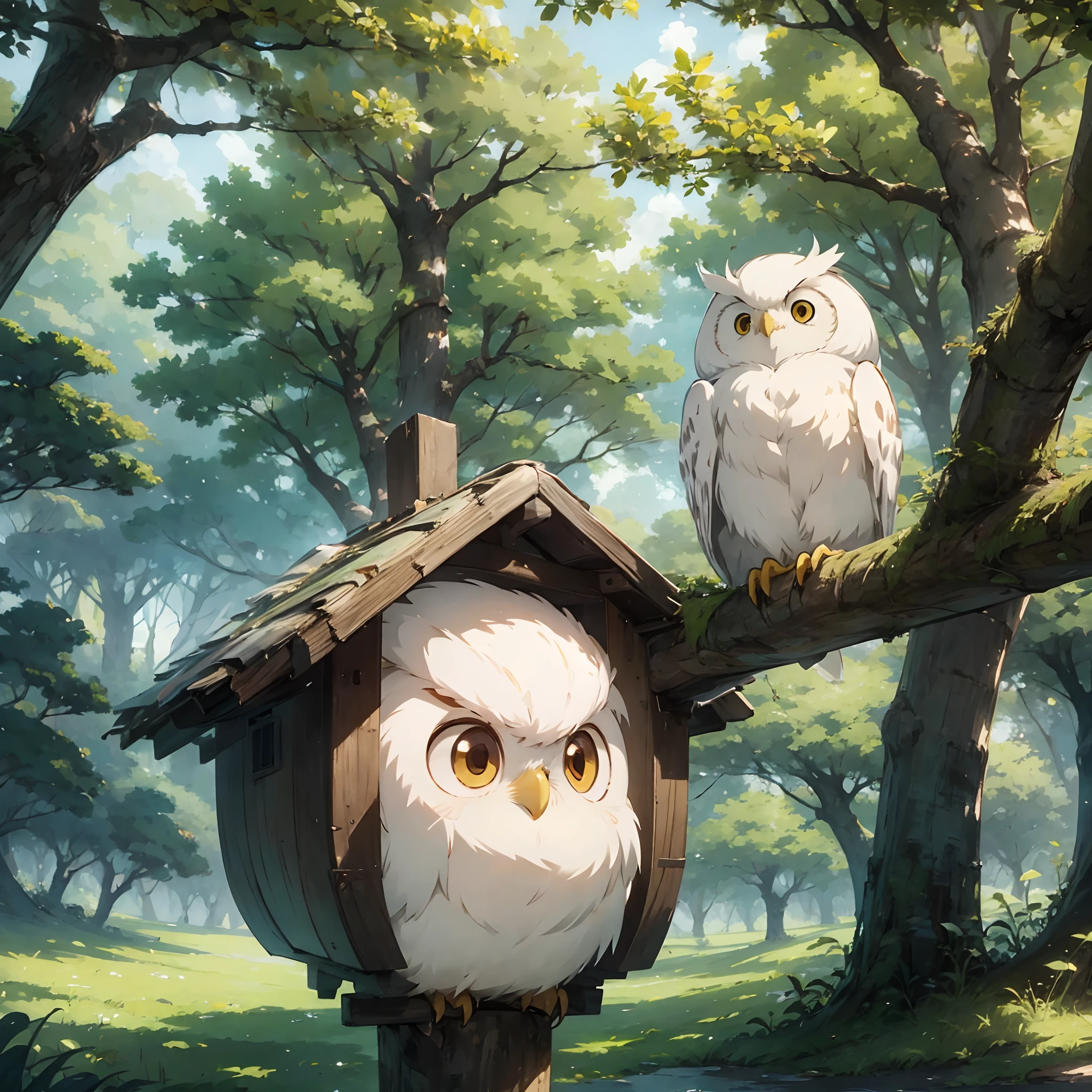 an small white owl, sit on nest, forest background, cute owl, studio ghibli anime, draw by studio ghibli, soft warm color pallet, top view, small nest on the tree, only one owl