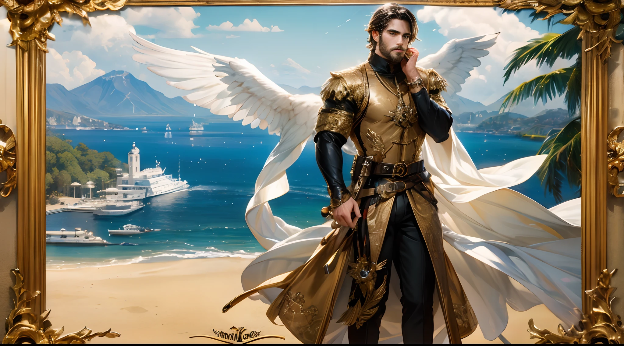 Wonderfull protagonist character. Handsome man, LatinLover OC, attractive feature, masculine expression, skin tone tanned, intense blue eyes. Big wings coming with back, two white wings of angel, anatomically correct huge wings. Man with muscular fitness, man medium-long haircut, black brown hairstyle, small beard, black military clothing, assassin tactical outfit, anatomically correct, full body tattoo. Environment: urban city, posture: solitare, hopeful and heroic