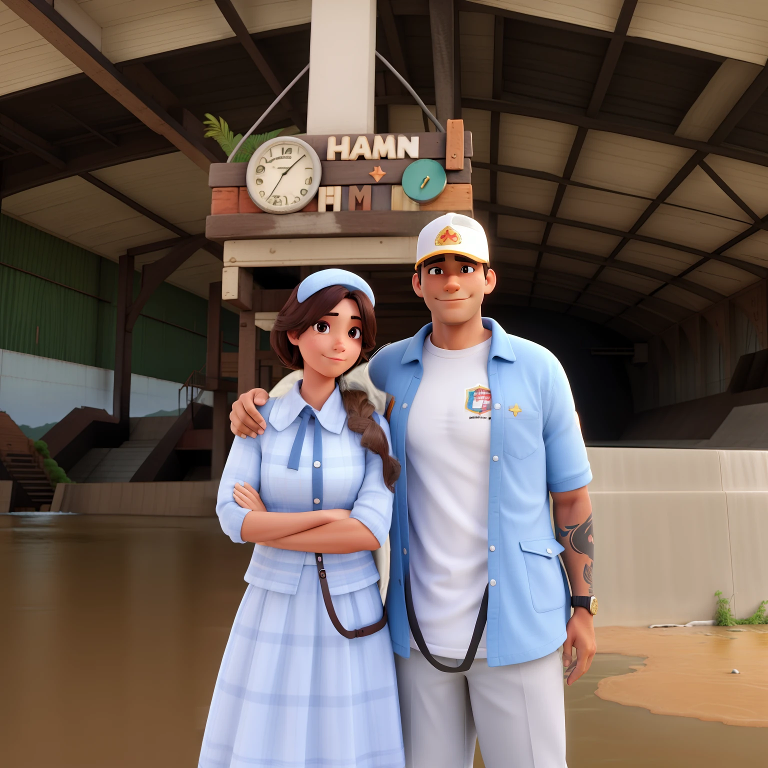 Homem e mulher, Standing in front of a dam