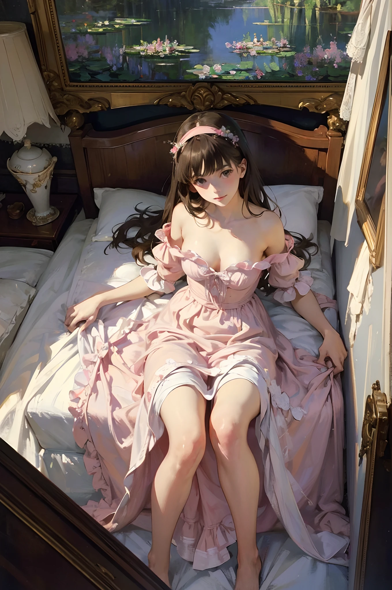 alice in the wonderland, Waterfront, ,twogirls,2 sisters,Royal Sister, cheerfulness, In the bedroom,two girls lying on bed,Looking Up The Sky,Lie in the bathtub, Two girls stand in the bathroom, Two girls get lost in a dreamlike wonderland, dreamlike digital painting, The sky is gradually clearing, The starry sky gradually receded,(Monet, Impresionismo, Oil painting), Barefoot,Barefoot,Have fun,Meatball heads, Light brown hair, Pink eyes, Gorgeous headdress, Light pink lips, Pink clothes, Dressed in white, Clothes in red, Yarn-like clothing, Intellectual, Flower bulbs, Face delicate,Goddess-like posture,Slim and soft,Translucent skin,brunette color hair、Medium-long hair and messy hair blend beautifully,The skin is fair and juicy,Big breasts uniform,Perspective Part 1.2x enhanced silhouette effect,Pajamas are delicate and transparent,The details are intricate and exquisite,The background is slightly blurred,Charming and lustful leg seduction,(Monet, Impresionismo, Oil painting), 001