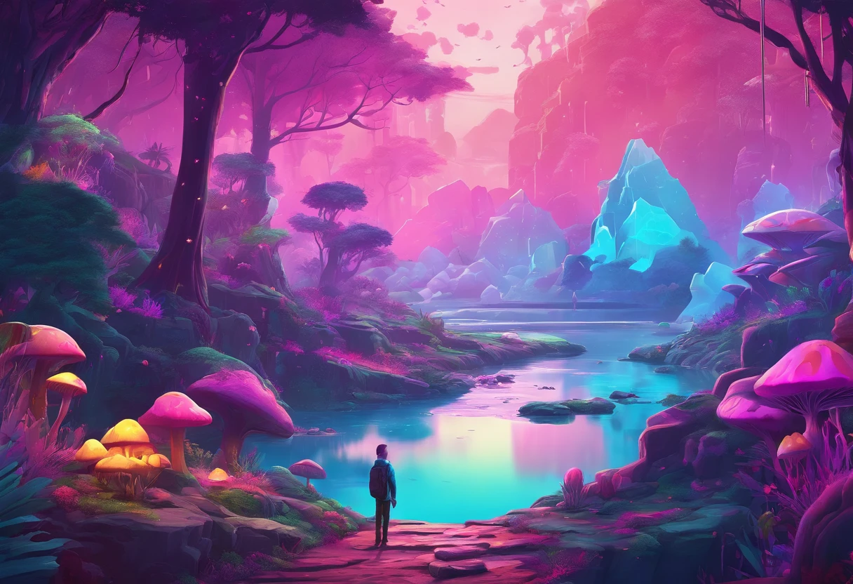 swpunk, synthwave, paint splatters, (extremely detailed 8k wallpaper), a crazy alien landscape with giant glowing mushrooms and colorful moss growing on rocks, ray tracing, detailed reflections, Intricate, High Detail, dramatic, best quality masterpiece, photorealistic, detailed, 8k, HDR, backlighting, bloom, light sparkles, chromatic aberration, sharp focus