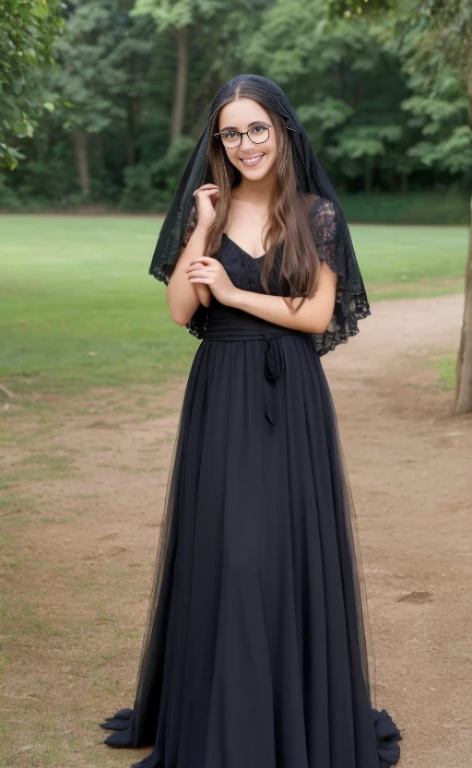Wide shot portrait of a 23 years old barefoot brunette woman wearing a black veil, glasses and a long dress,  calm smile, blue eyes, freckles.