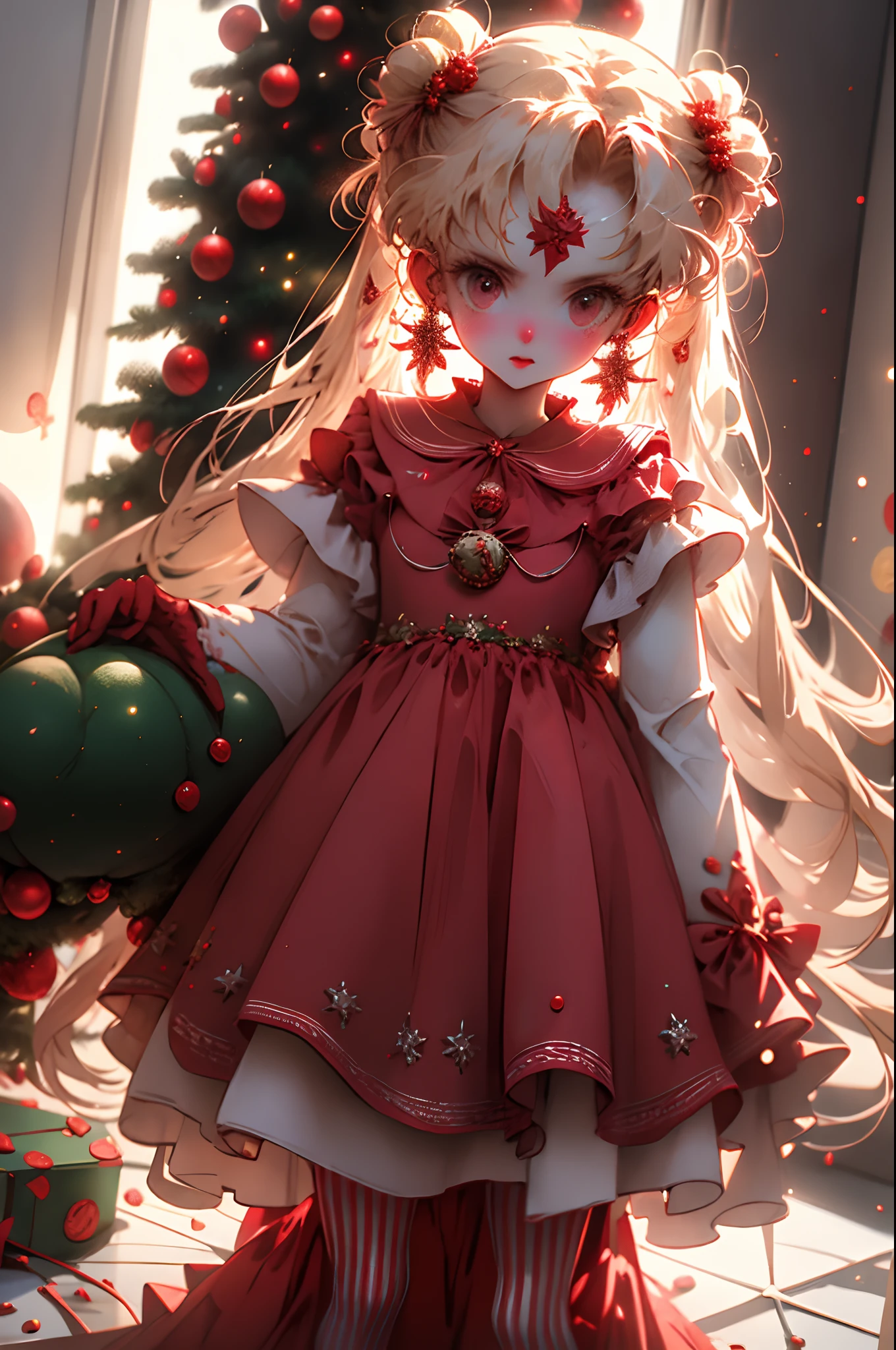 Christmas tree(1.1),Christmas dress-up,Sweet face, Red blush, Red and green Christmas dresses, Jingle Bel earrings, Holly in the hair, Candy Cane stockings, Winter scene in the background