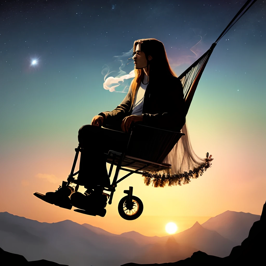 Male silhouette, long hair, smoking a blunt, sitting in a hammock with a wheelchair by the hammock watching over everything at the end of the universe