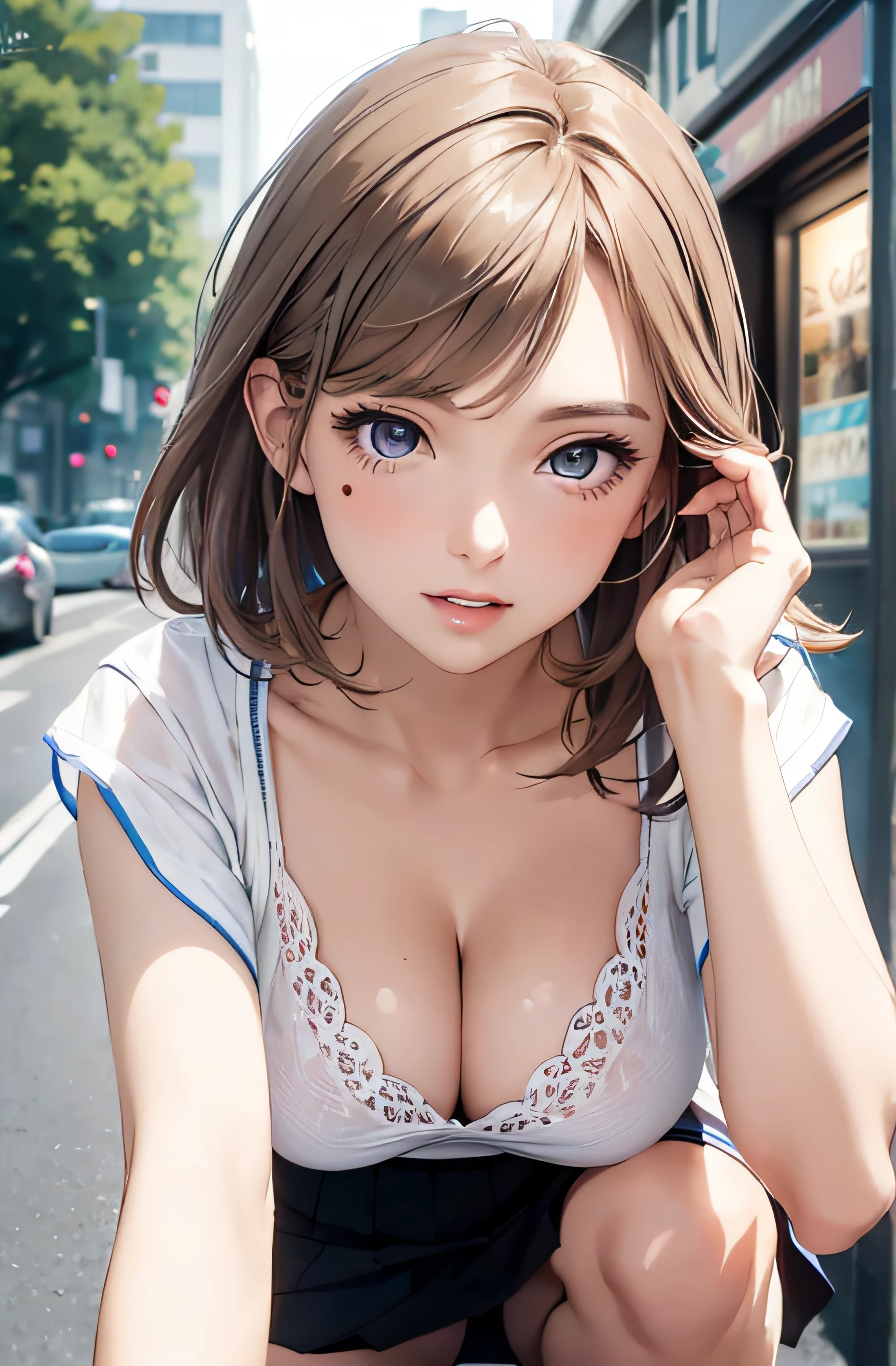 girl in summer clothes, casual skirt, making as if she wants to kiss you, (girl bending down looking at camera), medium breasts, random hair color, cleavage, random background, flirtatious look, ((very detailed)), (perfectly detailed face), (well detailed hand) photorealistic image.