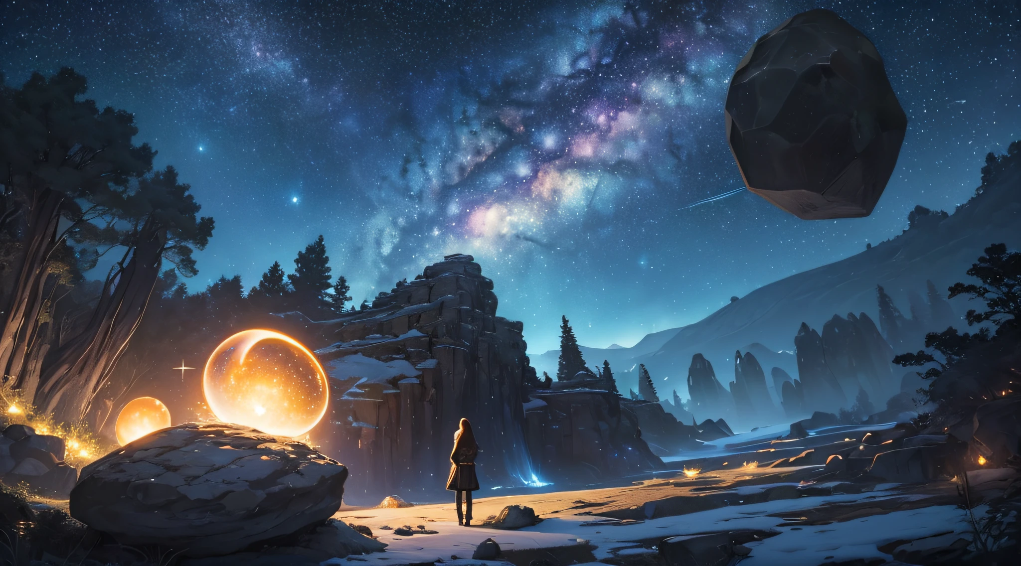 masterpiece、Background with((Fantastic starry sky、meteors、black hole))、Depth((One huge mysterious boulder、Luminescent、plants))、a beauty girl、Rear view、Looking up