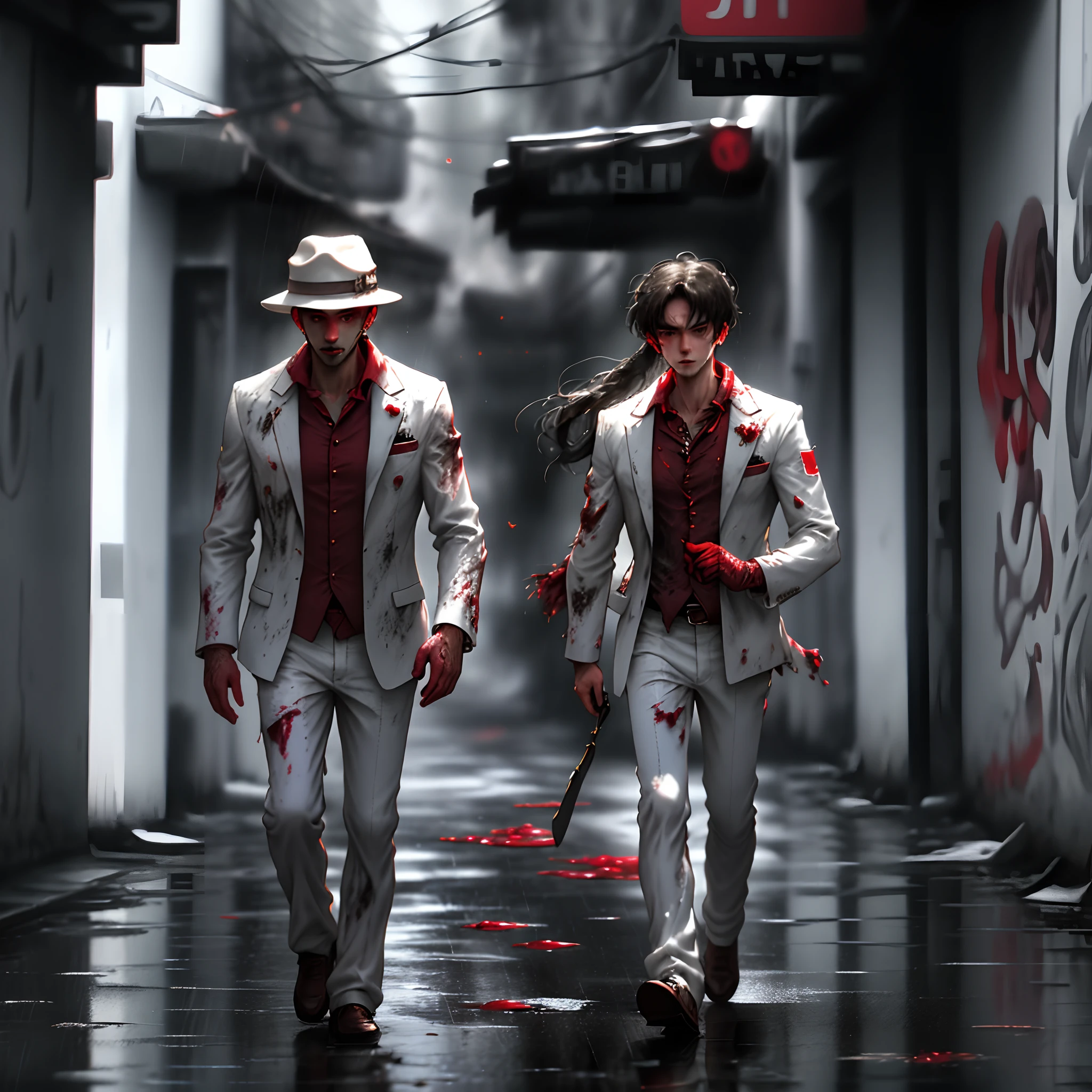 A man dressed in an all whit blood stained suit walking down a rainy alley