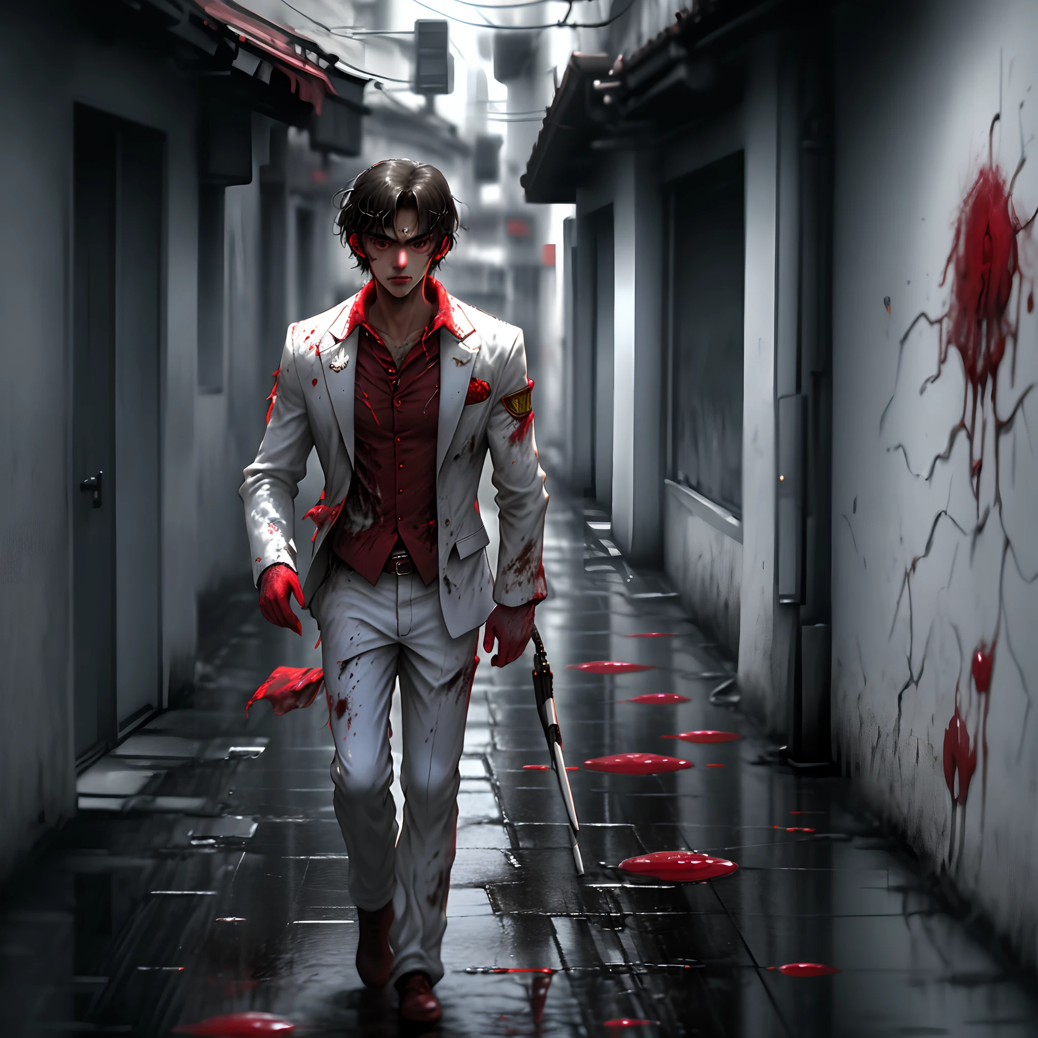 A man dressed in an all whit blood stained suit walking down a rainy alley