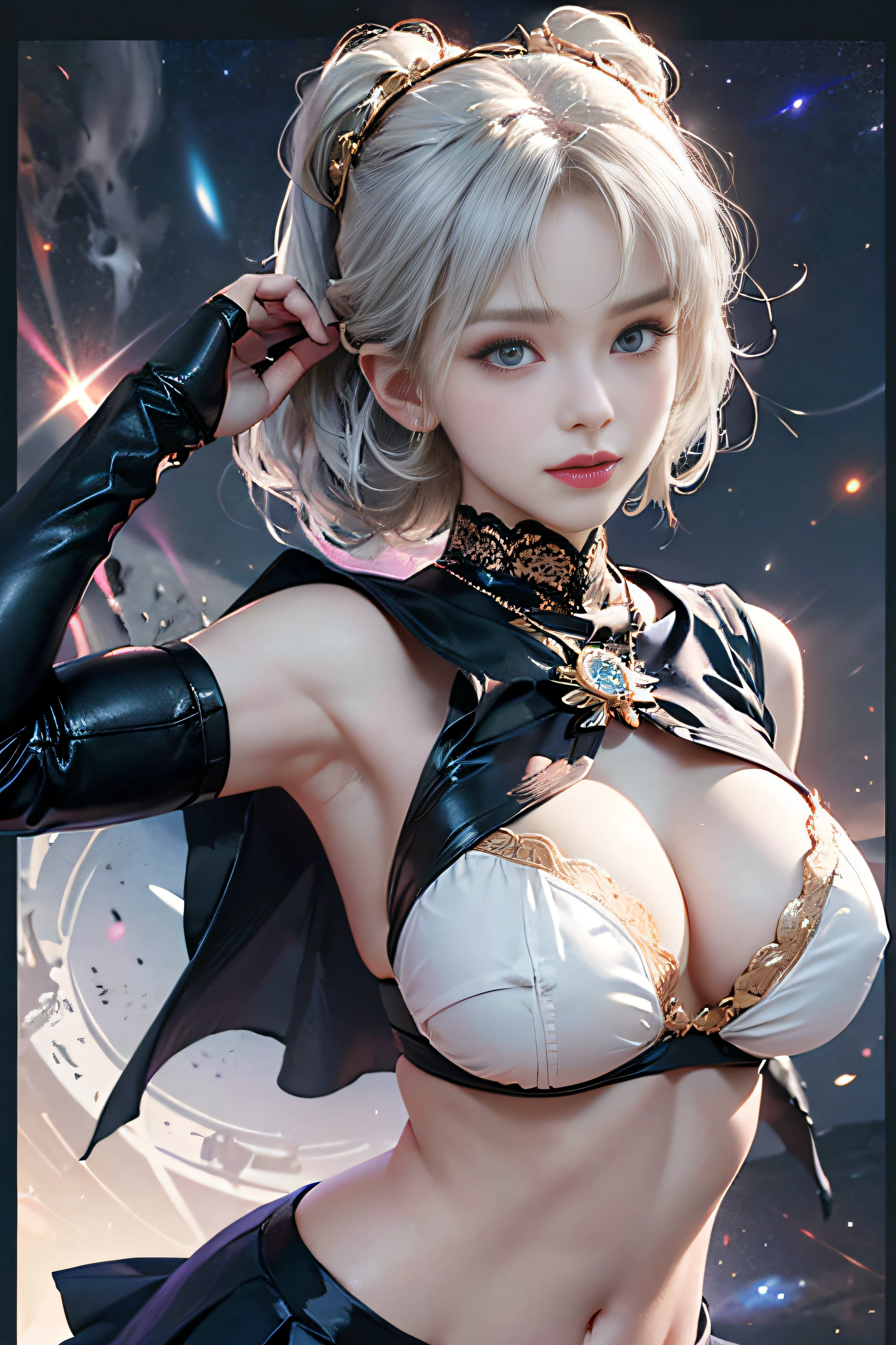 masterpiece、ful:1.3、stands、8K、。.。.。.。.。.。.。.。.。.3D、realisitic、Ultra Micro Photography、top-quality、Wallpapers with extreme details CG Unity 8K、frombelow、intricate detailes、(1 rapariga)、13years、Sailor Saturn:1.5,Hotaru Tsuchimoto:1.5,Sailor Senshi Uniform:1.2、Dark purple hair、Bob-cut hair fluttering in the wind,Sexy and dynamic model poses,dynamicposes,dynamic ungle、((Big long spear,battoujutsu stance,arma,Big sickle,Popol Weapon:1.2 )),(Purple sailor color,Purple pre-gate mini skirt:1.3、Purple Pleated Mini Skirt:1.3、very large red bow on the chest,,,,,,,,,,,,,,,,,Very big red bow on the buttocks,,、Long white latex gloves,Purple gloves on elbows、Luxurious Golden Tiara、耳Nipple Ring,)、(Outline of the iris, Details of face:1.5、Bright blue eyes、Beautiful expression、beautidful eyes、shinny eyes、thin lipss:1.5、thin and sharp pale eyebrows,、long dark eyelashes、Double eyelashes、Luxurious Golden Jewelry、Thin, thin and muscular,,,,,、Visible Pore、Young Face、Sad look,seducting smile、perfect hand:1.5、foco nítido: 1.0、Maximum clarity and sharpness、cosmic background、rays of moonlight、(realisitic、Photorealsitic:1.37)、1Beautiful Japan High School Girl、perfect bodies、20yr old、Sexy Girl Sailor Suit Costume、Medium Boob、(Light shines on the face and chest)、(((((underboob)))))、Lower breast、Oily skin、skinny、 (Sexy uniform with a slight view of the underside of the chest)、(Visible lower milk、Uniform with navel and ribs visible)、Super Ultra Mini Skirt with visible hipbones and lower abdomen , (Nebula background), (Full body shot), 1girl in, Solo, (European youth:1), ((Navy blue flared skirt soars))skirt by the, ((White lace underwear is visible))、((Black stockings high heels))((Golden white hair、Straight hair,poneyTail)), (Purple eyes:1), Beautiful face, Highly detailed face, Highly detailed eyes, highly detailedskin, Skin pores, Subsurface scattering, Realistic pupils, Full face blush, Full lips, Detailed background, depth of fields, Volumetric lighting, Sharp Focus,(((posterior view))),((Looks Back))、((T-back panties are visible)),