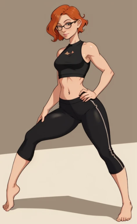 A beautiful barefoot ginger woman with wavy short hair wearing glasses, black leggings and a croptop.