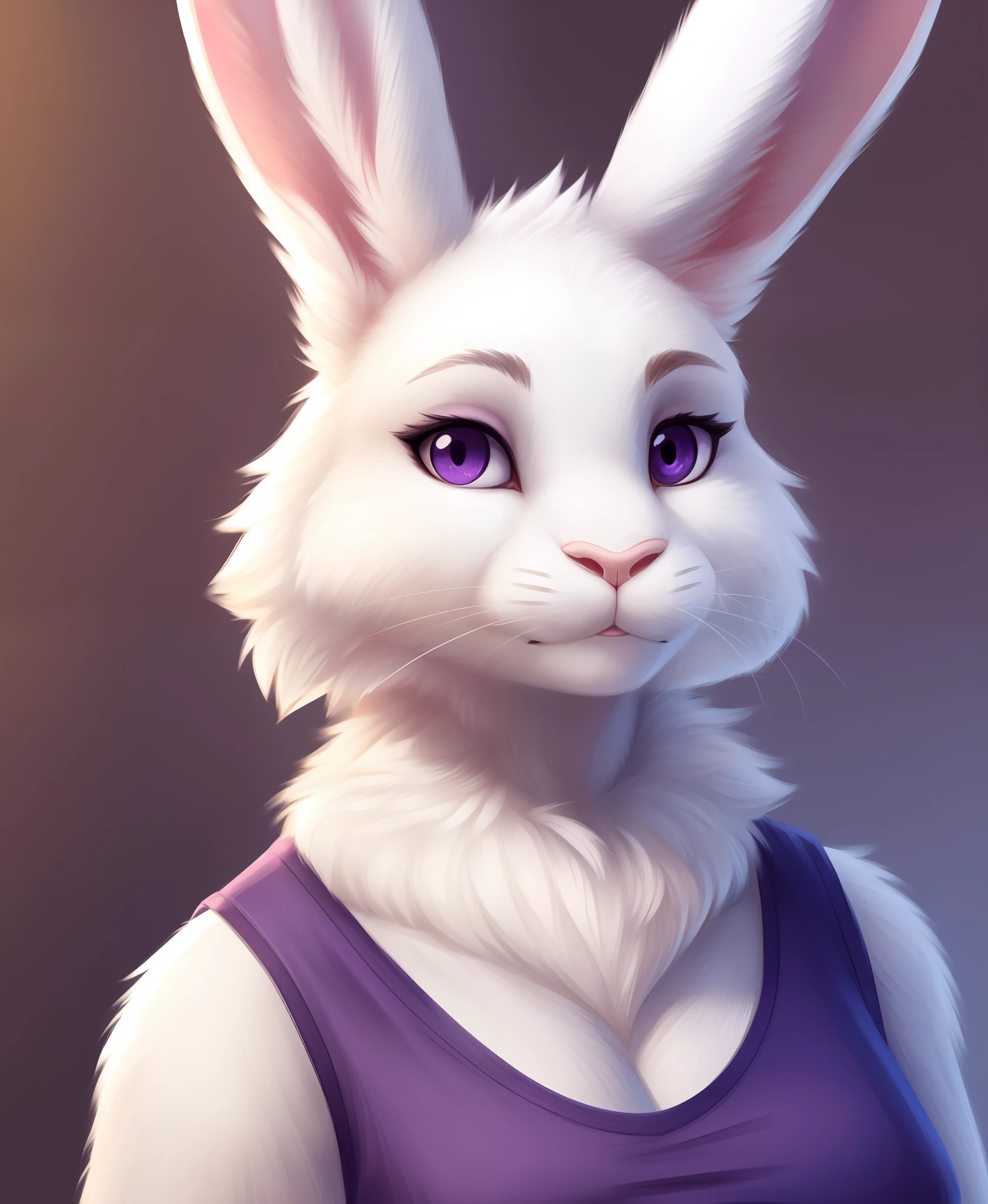 anthro, solo, lagomorph, , mammal, female, leporid, rabbit, fur, portrait, purple eyes, by zaush , hi res, pink nose, bikini, underwear, bust portrait, white body, looking at viewer, simple background, lighting, tuft, white fur, big titties, full body 