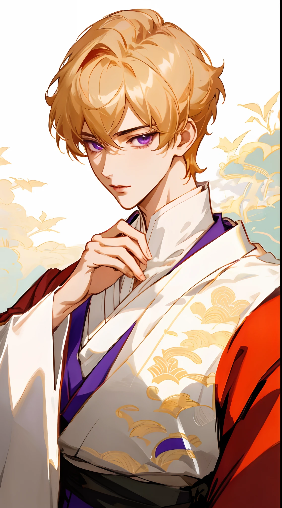 a close up of a man wearing a red coat and a white collar, beautiful androgynous prince, delicate androgynous prince, portrait of magical blond prince, handsome prince, royal elegant pose, anime handsome man, ((wearing aristocrat robe)), handsome guy in demon slayer art, anime portrait of a handsome man, casimir art, renaissance prince, taisho roman, purple eyes, blonde short hair