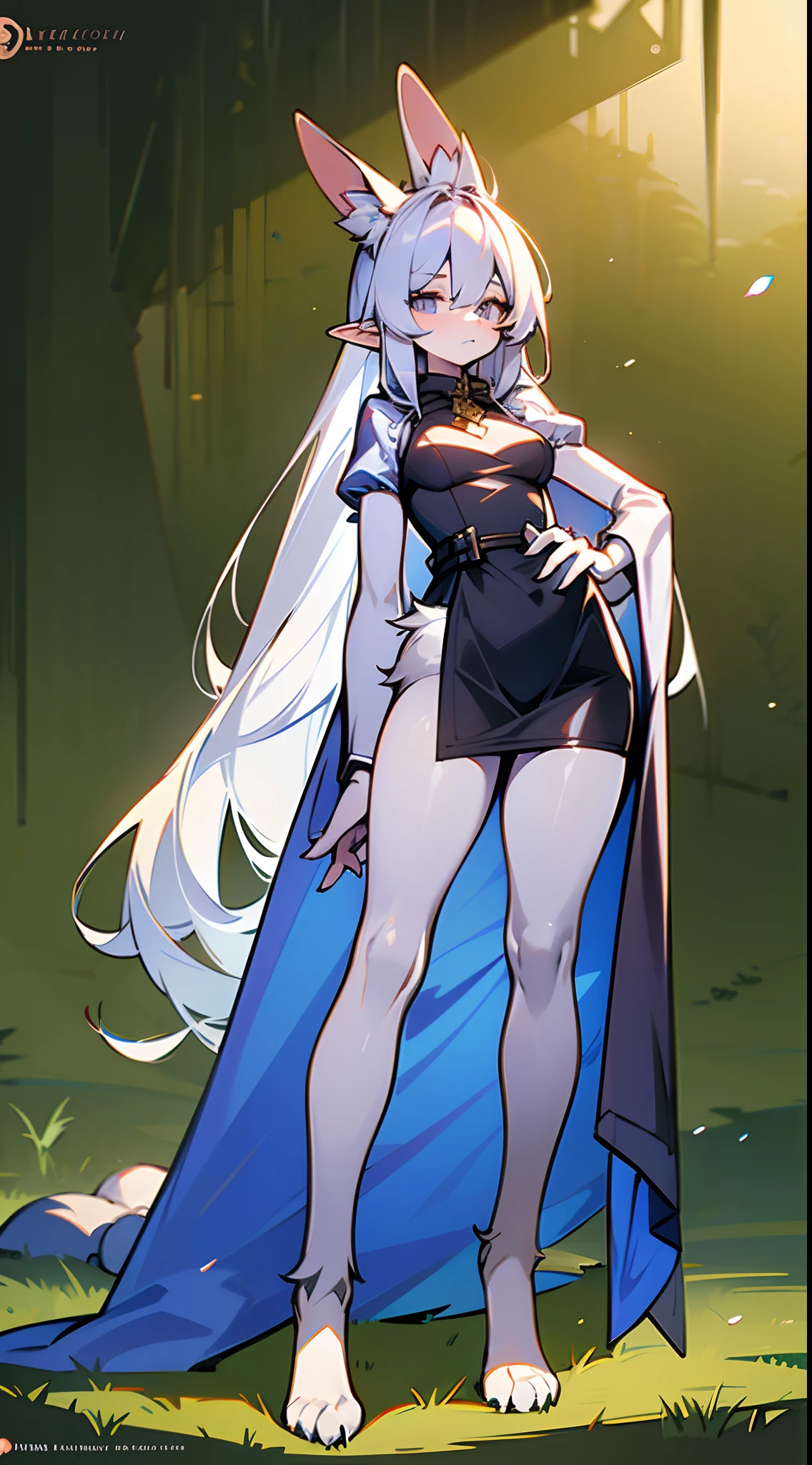 Bunny girl, digitigrade legs, rabbit legs, rabbit feet, elf, paws, human hands, wild long hair, (elf ears 1.6), (bunny ears 1.6), ((perfect female body)), (lavender colored hair 1.8), (silver eyes 1.6), sad, (very petite body), (medium breasts), ((small hips)), pale white skin, Caucasian, ((very long legs)), medieval clothes, large cloak, tabi, highly detailed, (((masterpiece))), fantasy forest background