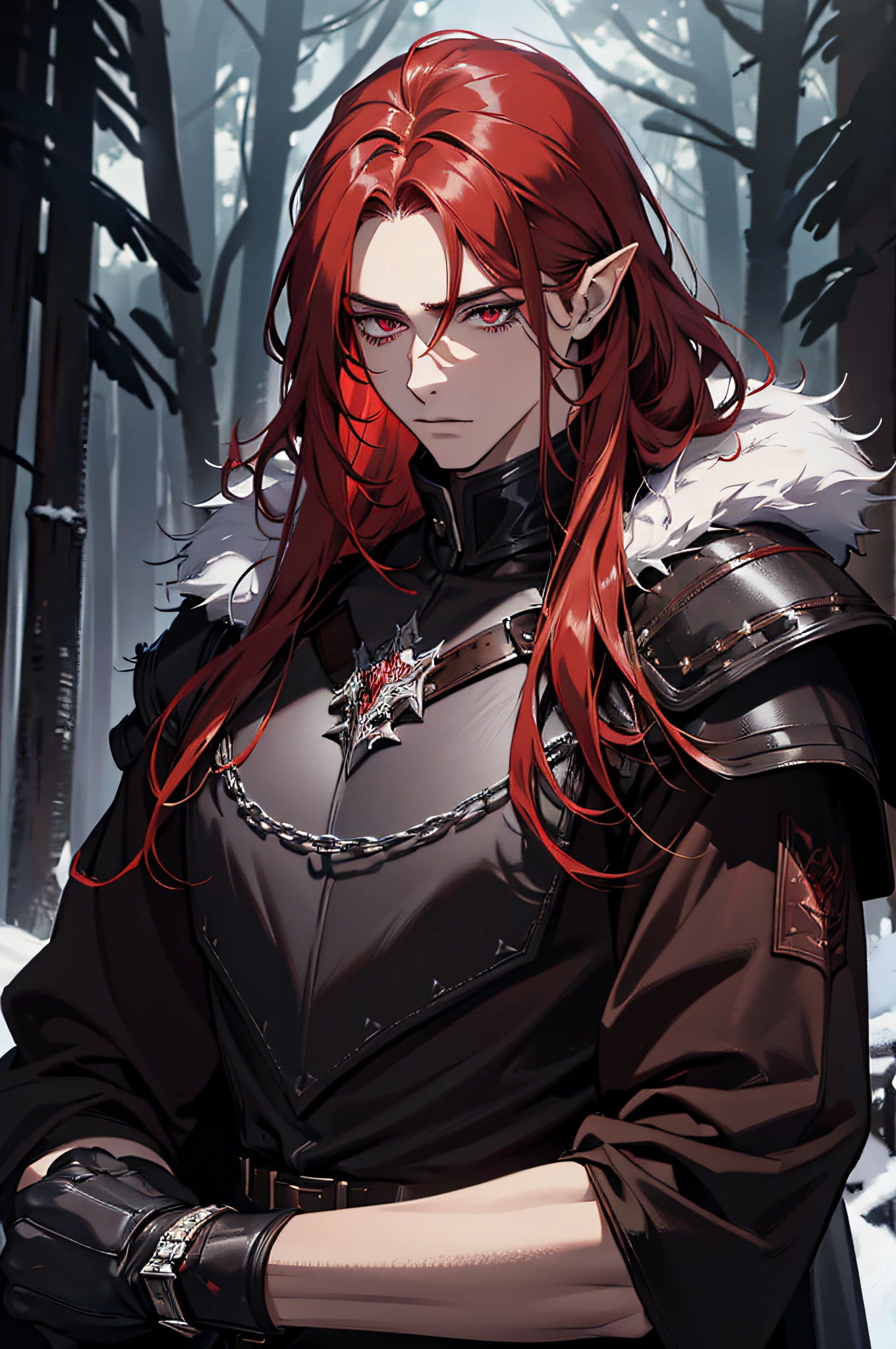 (absurdres, highres, ultra detailed), 1 man, adult, beautiful, strong, musculous, pointy ears, long red-haired, dark red eyes, detailed face, finely detailed eyes, fantasy, dark brown clothes warrior, leather armor, fantasy forest, dark forest, dark theme, cinematic lighting, colorful, badass pose