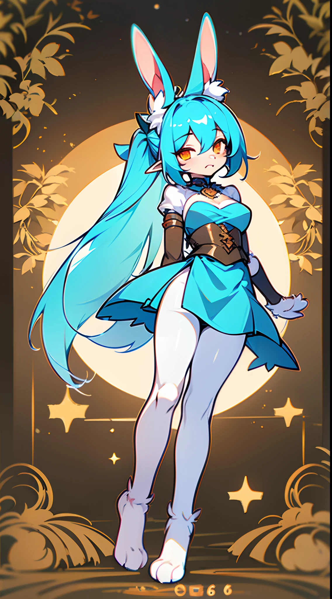 1 girl, elf, bunny, teen, young, daughter, medium length hair, twintail hair, ((perfect female body)), (cyan colored hair 1.7), (orange eyes 1.6), (tiny breasts), ((small hips)), pale white skin, ((long legs)), ((very petite)), (elf ears 1.6), (floppy bunny ears 1.6), (rabbit legs), ((rabbit feet)), (digitigrade legs), paws, fantasy forest background, medieval times