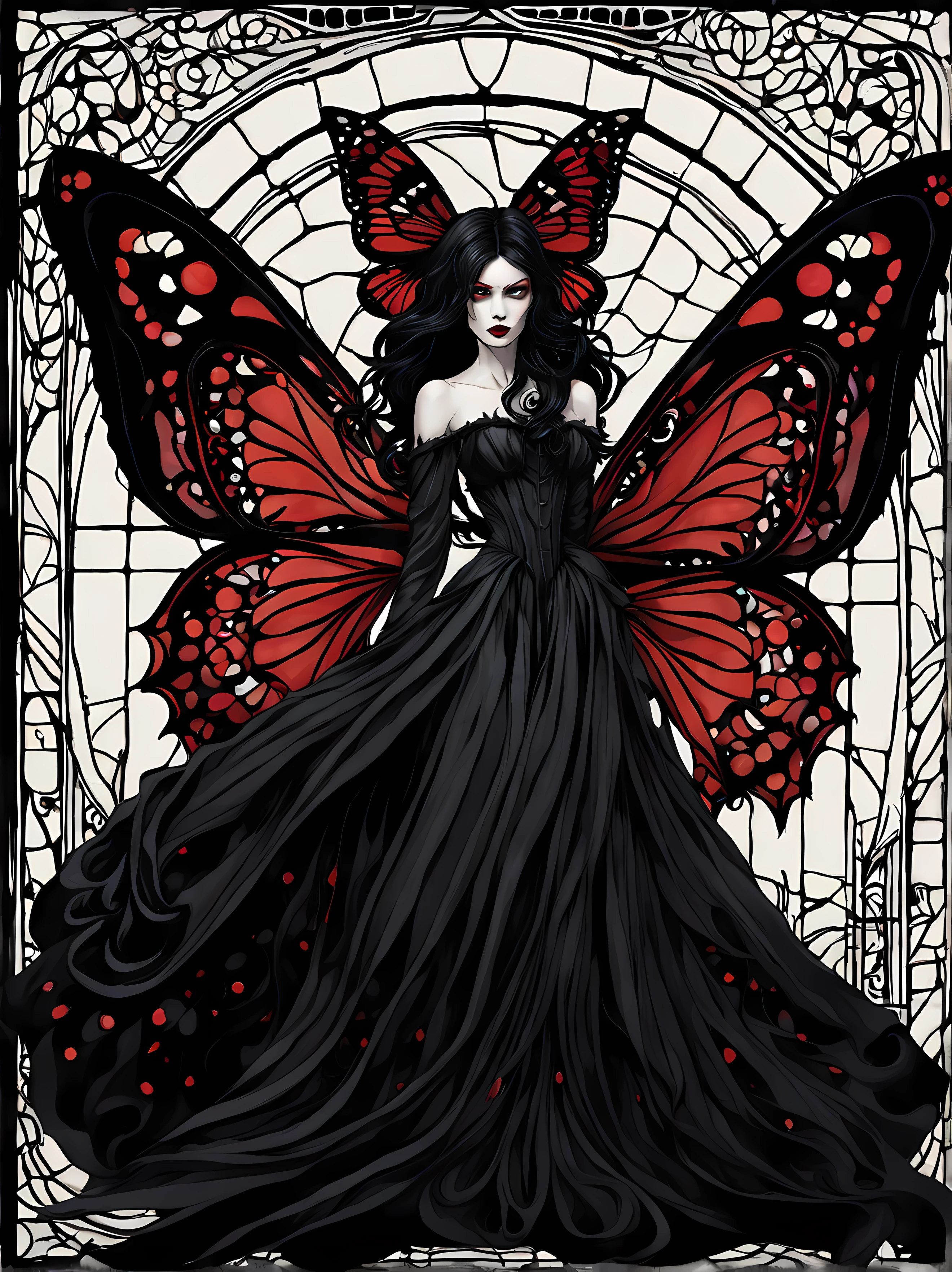 (solo:1.3) illustrate a hauntingly beautiful vampire butterfly creature with ethereal wings that blend shades of midnight black and deep crimson, this mysterious being combines the delicate grace of a butterfly with the allure of a vampire exuding an air of both elegance and danger, its slender body is adorned with intricate patterns reminiscent of gothic architecture, while its eyes gleam with a hypnotic otherworldly glow, set the scene in a moonlit graveyard where this enigmatic creature feeds on the essence of night-blooming flowers casting an eerie yet captivating presence