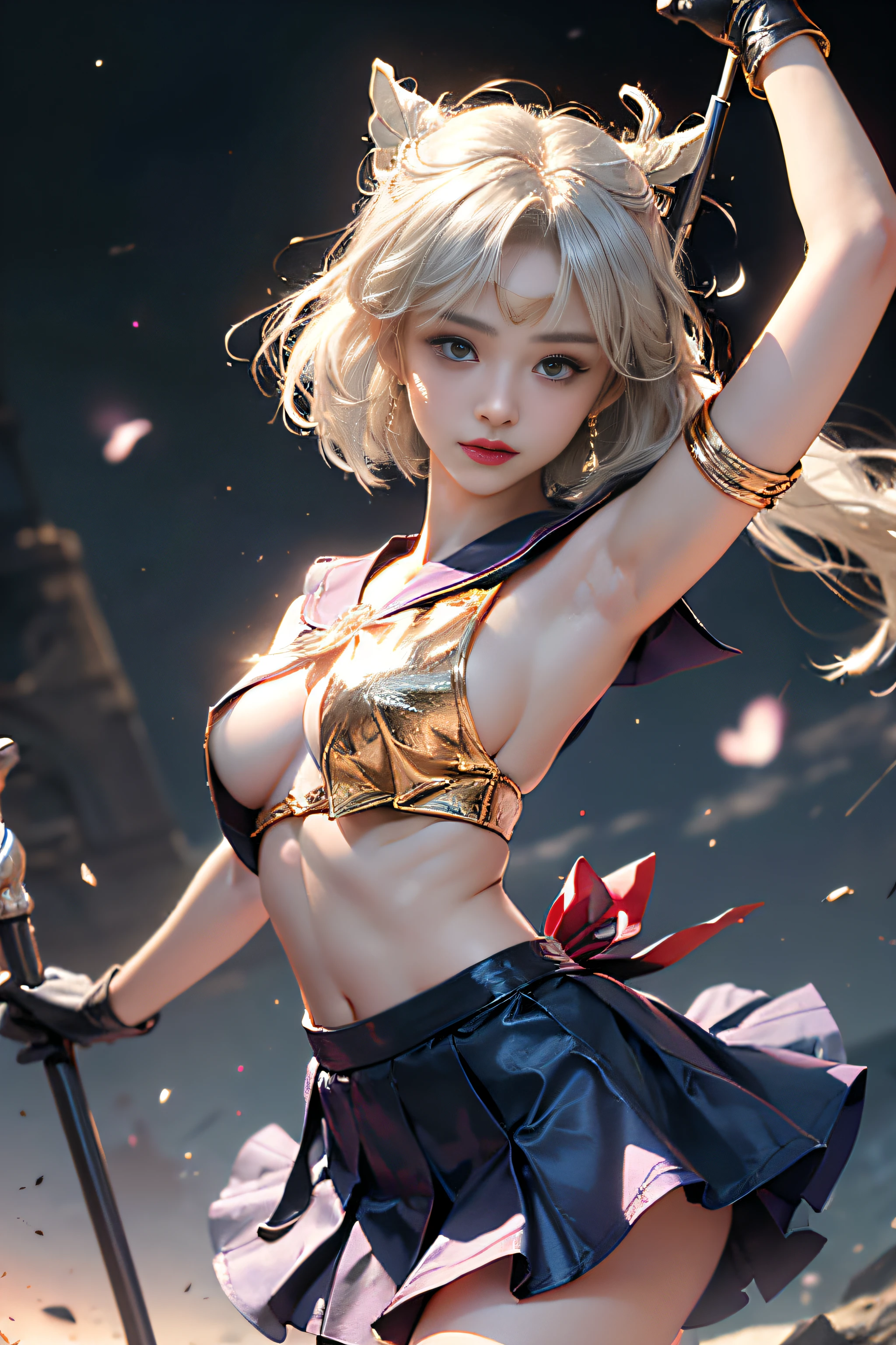 ​masterpiece、ful:1.3、stands、8K、。.。.。.。.。.。.3D、realisitic、Ultra Micro Photography、top-quality、Wallpapers with extreme details CG Unity 8K、frombelow、intricate detailes、(1 rapariga)、13years、Sailor Saturn:1.5,Hotaru Tsuchimoto:1.5,Sailor Senshi Uniform:1.2、Dark purple hair、Bob-cut hair fluttering in the wind,Sexy and dynamic model poses,dynamicposes,dynamic ungle、((Big long spear,battoujutsu stance,arma,Big sickle,Popol Weapon:1.2 )),(Purple sailor color,Purple pre-gate mini skirt:1.3、Purple Pleated Mini Skirt:1.3、very large red bow on the chest,,,,,,,,,,,,,,Very big red bow on the buttocks,,、Long white latex gloves,Purple gloves on elbows、Luxurious Golden Tiara、耳Nipple Ring,)、(Outline of the iris, Details of face:1.5、Bright blue eyes、Beautiful expression、beautidful eyes、shinny eyes、thin lipss:1.5、thin and sharp pale eyebrows,、long dark eyelashes、Double eyelashes、Luxurious Golden Jewelry、Thin, thin and muscular,,,,,,,,a small face、tiny chest、小柄,perfectly proportions、big breasts thin waist、Visible Pore、Young Face、Sad look,seducting smile、perfect hand:1.5、Very thin、Fits well、octan render、highly dramatic picture、Strong natural light、sunlights、exquisite lighting and shadow、Digital SLR、foco nítido: 1.0、Maximum clarity and sharpness、((kosmos:1.3,Saturn:1.5、Saturn ring:1.5、The sanctity of destruction and birth,cosmic background、rays of moonlight、Dynamic backgrounds、细致背景)),(meishaonv,tiarra,Gold tiara on forehead,a sailor suit)、(skirt rift:1.8)、(​masterpiece、top-quality、hyper pretty face、write、zettai ryouiki、thighs thighs thighs thighs、see the beholder:1.4)、Super beautiful girl、gardeniass、8K、EF 50mm、Official art、Raw photo、absurderes、frombelow、is standing、(sad、angry:0.5)、 slender、Small waist、Thin arms、breasts of medium size,、face lights、Soft lighting、Warm colors、film grains、chromatic abberation、foco nítido、naturey、Frankness、extremely detailed eye and face、(、bokeh dof、blured background、White lace panties:1.2)(8K、RAW Photos、top-quality、​masterpiece:1.2)、(realisitic、Photorealsitic:1.37)、１Beautiful Japan High School Girl、perfect bodies、20yr old、Sexy Girl Sailor Suit Costume、Medium Boob、(Light shines on the face and chest)、(((((underboob)))))、Lower breast、Oily skin、skinny、 (Sexy uniform with a slight view of the underside of the chest)、(Visible lower milk、Uniform with navel and ribs visible)、Super Ultra Mini Skirt with visible hipbones and lower abdomen , (Nebula background), (Full body shot), 1girl in, Solo, (European youth:1), Sailor Saturn, Sailor Senshi Uniform, Red sailor collar, Dark blue pleated skirt, ((Golden white hair、Straight hair,poneyTail)), (Purple eyes:1), Beautiful face, Highly detailed face, Highly detailed eyes, highly detailedskin, Skin pores, Subsurface scattering, Realistic pupils, Full face blush, Full lips, Detailed background, depth of fields, Volumetric lighting, Sharp Focus,