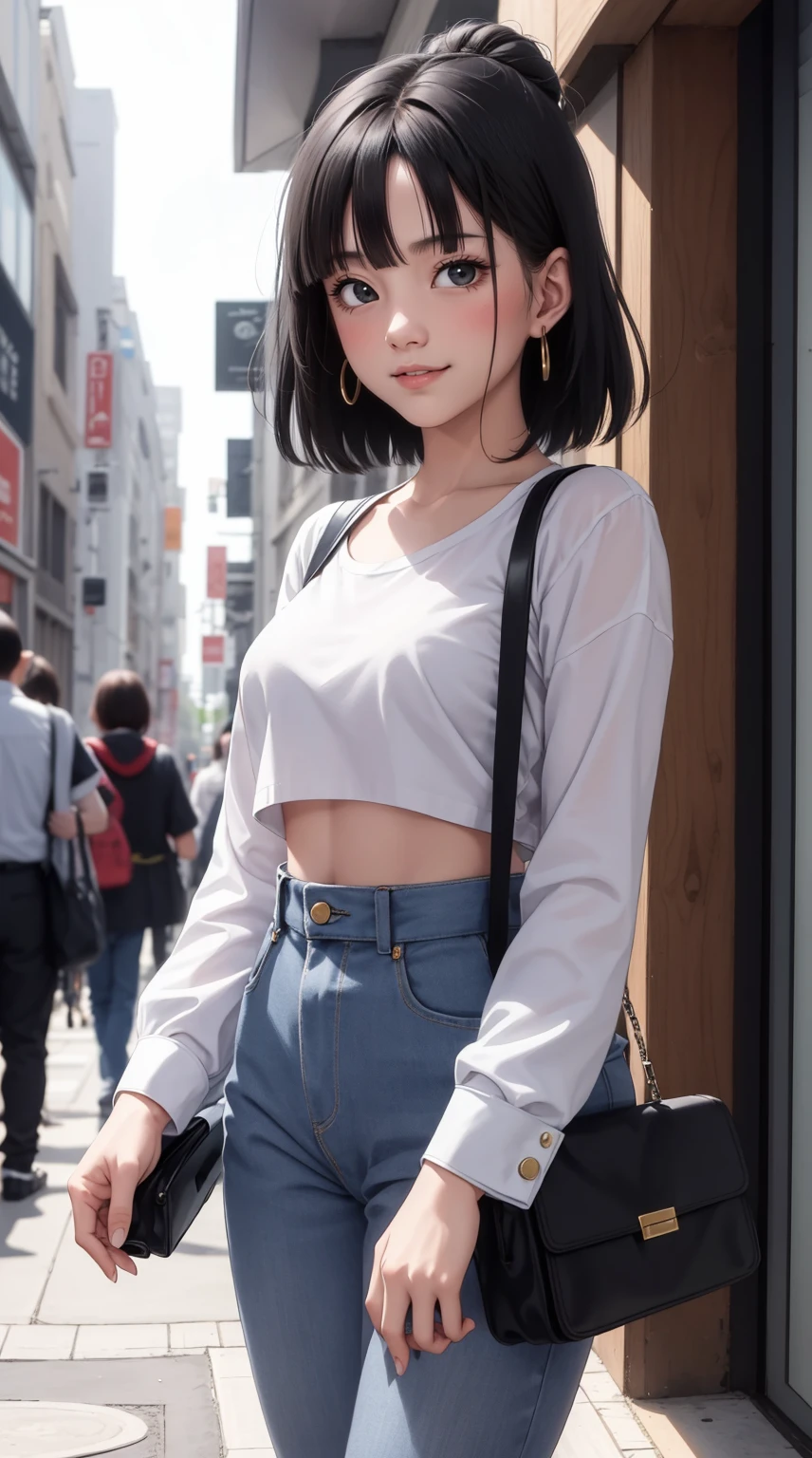 Pan del anime Dragon Ball, pelo corto, cabello negro, flequillo, ojos negros, bonita, beautiful woman, cuerpo perfecto, senos perfectos, Viste camisa formal blanca, Blazer negro, pantalones negros, Bolsa de transporte, lleva reloj, lleva pendientes pendientes, in public, Criaturas en la ciudad de Tokio, en la calle, Mirando al espectador, Una leve sonrisa, realismo, Obra maestra, Cuero texturizado, Super detail, High detail, alta calidad, La mejor calidad, 1080p, 16k