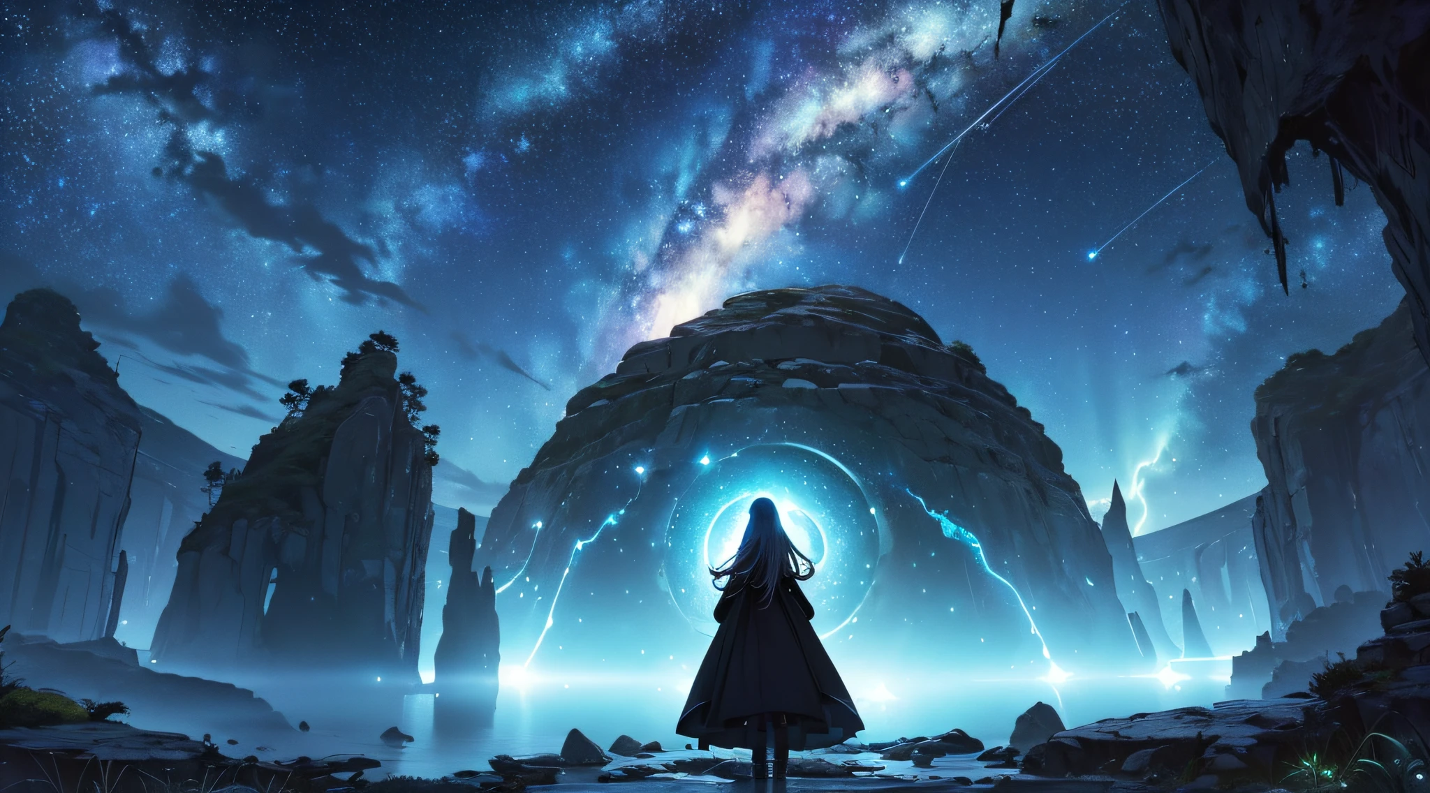 masterpiece、Background with((Fantastic starry sky、meteors、black hole))、Depth((One huge mysterious rock structure、Luminescent、plants))、a beauty girl、Rear view、Looking up
