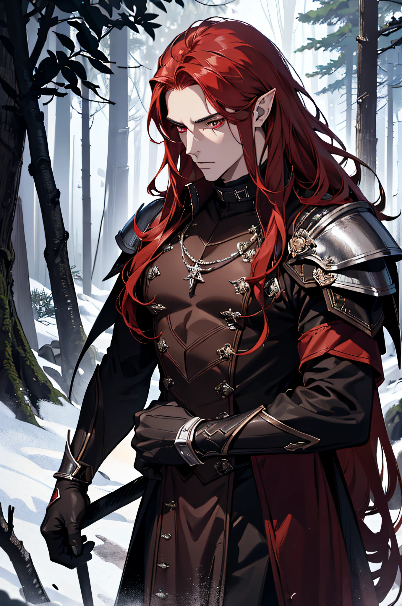 (absurdres, highres, ultra detailed), 1 man, adult, beautiful, strong, musculous, pointy ears, long red-haired, dark red eyes, detailed face, finely detailed eyes, fantasy, dark brown clothes warrior, leather armor, fantasy forest, dark forest, dark theme, cinematic lighting, colorful, badass pose