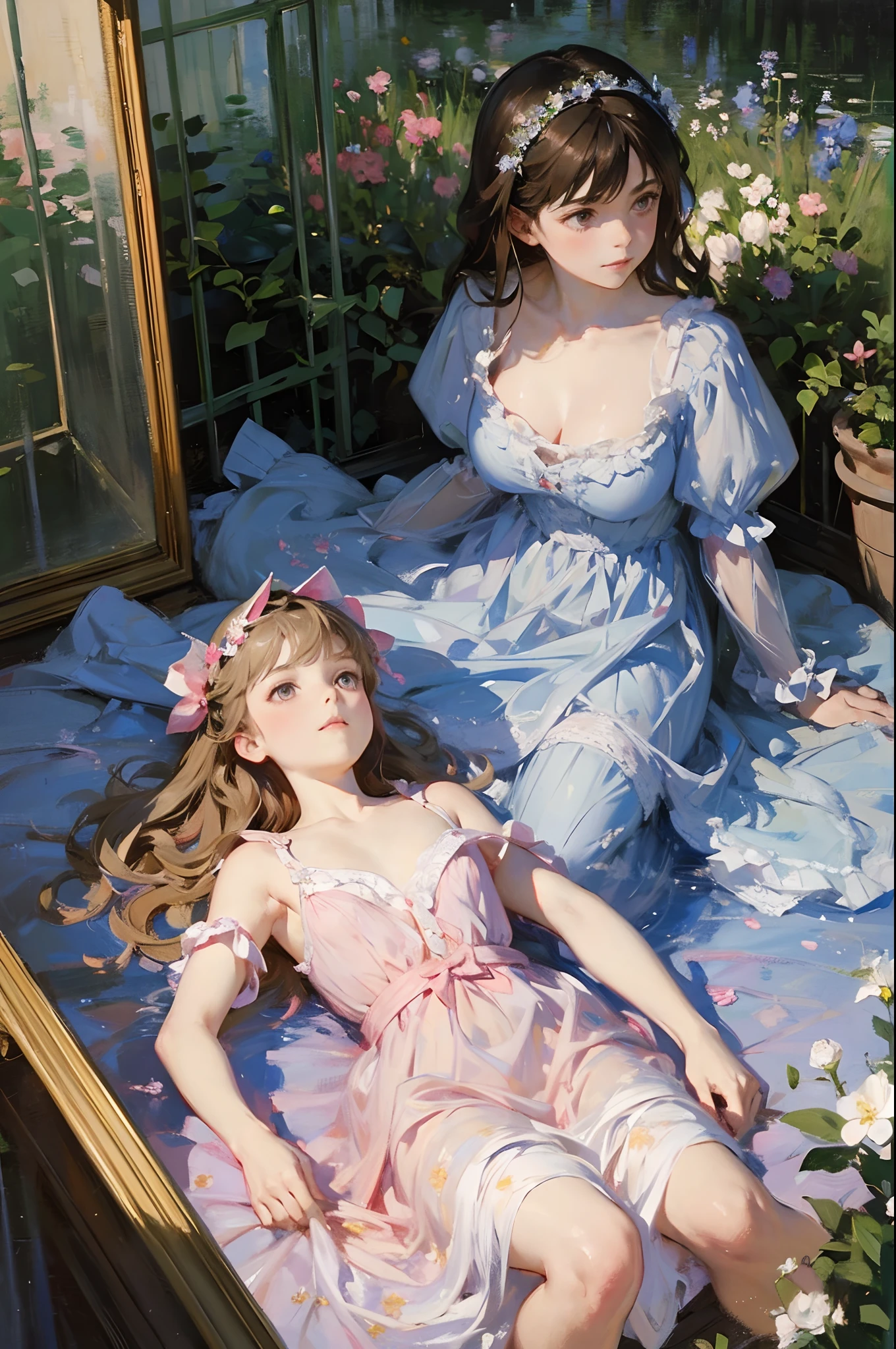 alice in the wonderland, Waterfront, ,twogirls,2 sisters,Royal Sister, cheerfulness, In the bedroom,Two girls are lying on the bed,Looking Up The Sky,Lie in the bathtub, Two girls standing in the bathroom, Two girls get lost in a dreamlike wonderland, dreamlike digital painting, The sky is gradually clearing, The starry sky gradually receded,(Monet, Impresionismo, Oil painting), Barefoot,Barefoot,Have fun,Meatball heads, Light brown hair, Pink eyes, Gorgeous headdress, Light pink lips, Pink clothes, Dressed in white, Clothes in red, Yarn-like clothing, Intellectual, Flower bulbs, Face delicate,Goddess-like posture,Slim and soft,Translucent skin,brunette color hair、Medium-long hair and messy hair blend beautifully,The skin is fair and juicy,Big breasts uniform,Perspective Part 1.2x enhanced silhouette effect,Pajamas are delicate and transparent,The details are intricate and exquisite,The background is slightly blurred,Charming and lustful leg seduction,(Monet, Impresionismo, Oil painting), 005
