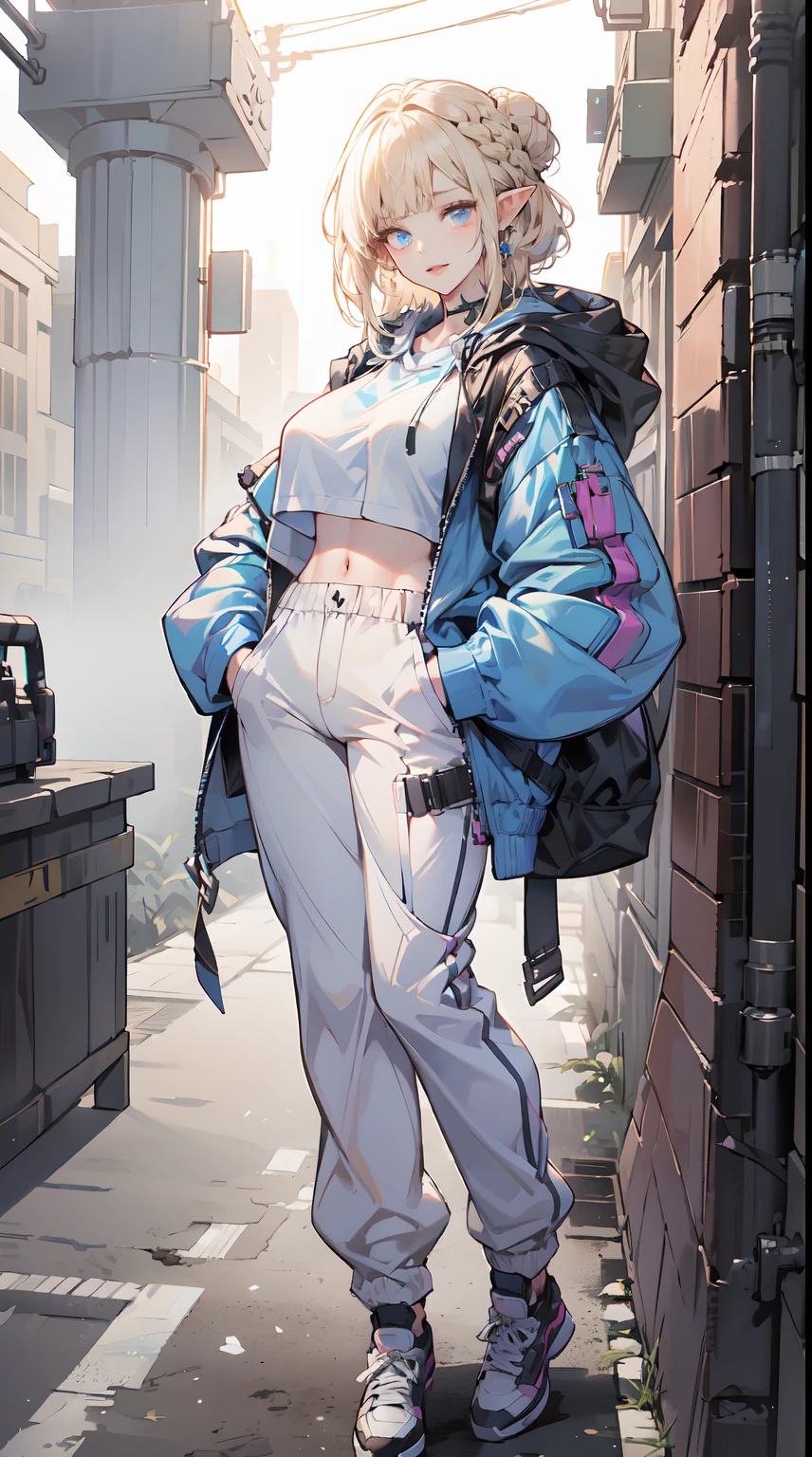 A elf women in bunny suits techwear, posing for pictures in a city, hip-hop aesthetics, cabincore. (ultra-high picture quality), (1elf girl), (beauty elf girl), (Perfect full body), adult body, (big breast, E-cup:1.2), overalls, light smile, fresh, (asymmetrical bangs:1.3), Braid Bun hair, short hair, highly detailed face and eyes, Perfect lips, (white blonde hair, Deep Blue Eyes:1.1), (wearing a cropped bunny hoodie techwear:1.2), capri sweatpants, hands in pockets, with comfortable sneakers, immersive background, natural lighting, cyberpunk, sci-fi, digital art, Aesthetic, masterpiece, high detail, ultra high resolution. by Yusuke Murata.