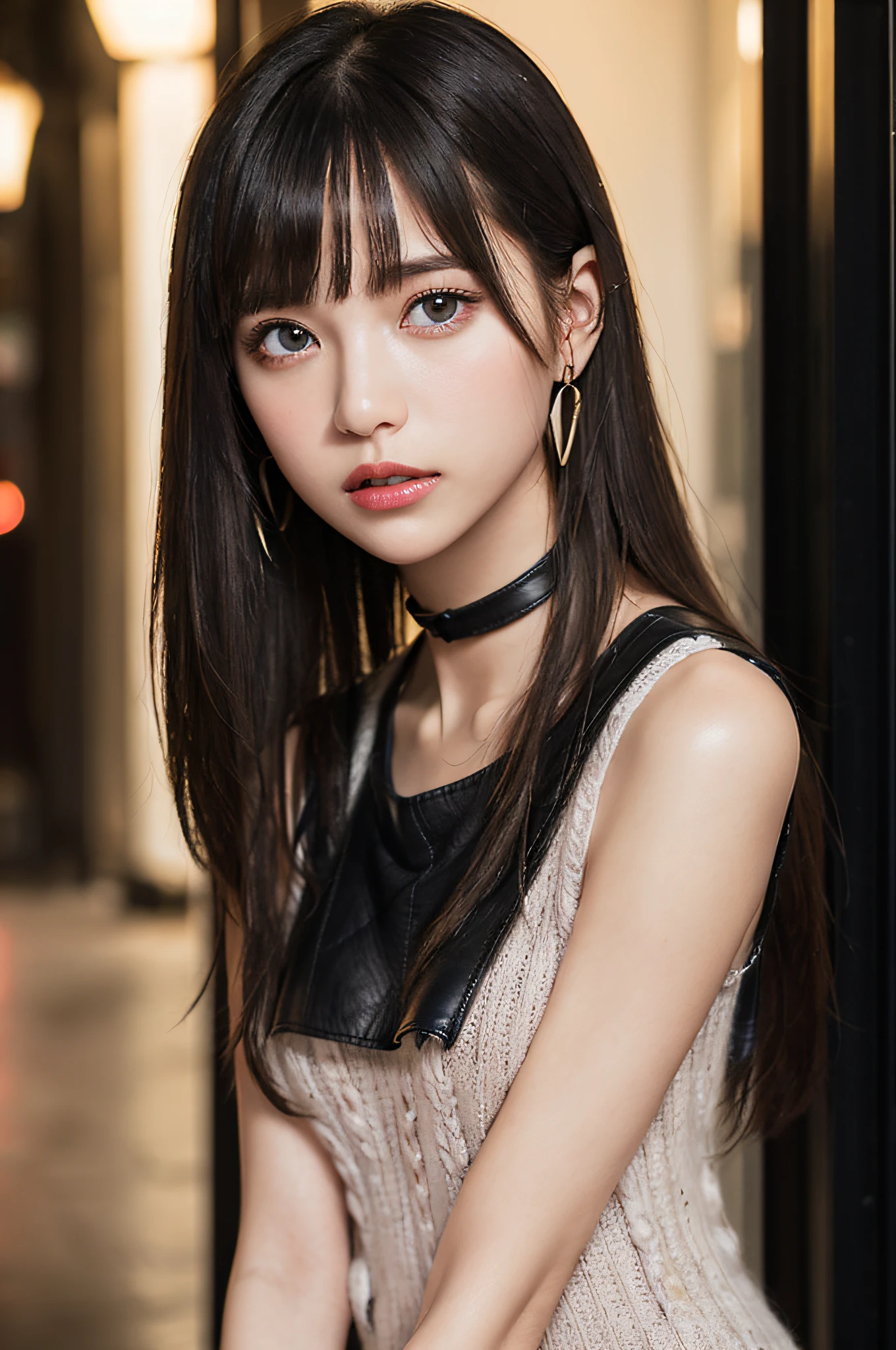 (standing in a dark street),(streetlights),(low-key lighting),(Night),randome pose, (extremely delicate and beautiful work), (masutepiece), 1girll, Solo, Only one girl, Highly detailed, waist leaking, ((Very long hair with bangs:1.5)), fascinated expression, ((small head:1.4), Very beautiful face, light skinned, Very red cheeks, Black eyeliner, Brown mascara, Brown Eyebrow Mascara, Brown Eyebrow Mascara:1.2), Vermilion Red Lip, Close lips, Very thin lips, Very clear big eyes:1.4), Beautiful and clear eyes, green eye pupil, (Sleeveless knitwear:1.5), BREAK ((Black leather choker:1.4)), Delicate earrings, Fairy ears, Simple blurred background, extreme detail description, Beautiful, Charming, Ultra-fine painting, Delicate face, Delicate figure, thin clavicle, Lovely lips, ((slender:1.2), (Beautiful breasts, well-shaped breasts, Large breasts:1.7), (Thin body, thin waist, Thin under the chest, Thin arms, thin neck, Thin leg, thin shoulders, sloped shoulder:1.2)), soft behind, mix4,(8K, Raw photo, Best Quality, masutepiece:1.2), (Realistic, Photorealsitic:1.37),1girll,Cute,Cityscape, Night, Rain, Wet, Professional Lighting, photon maping, Radio City, Physically-based rendering,