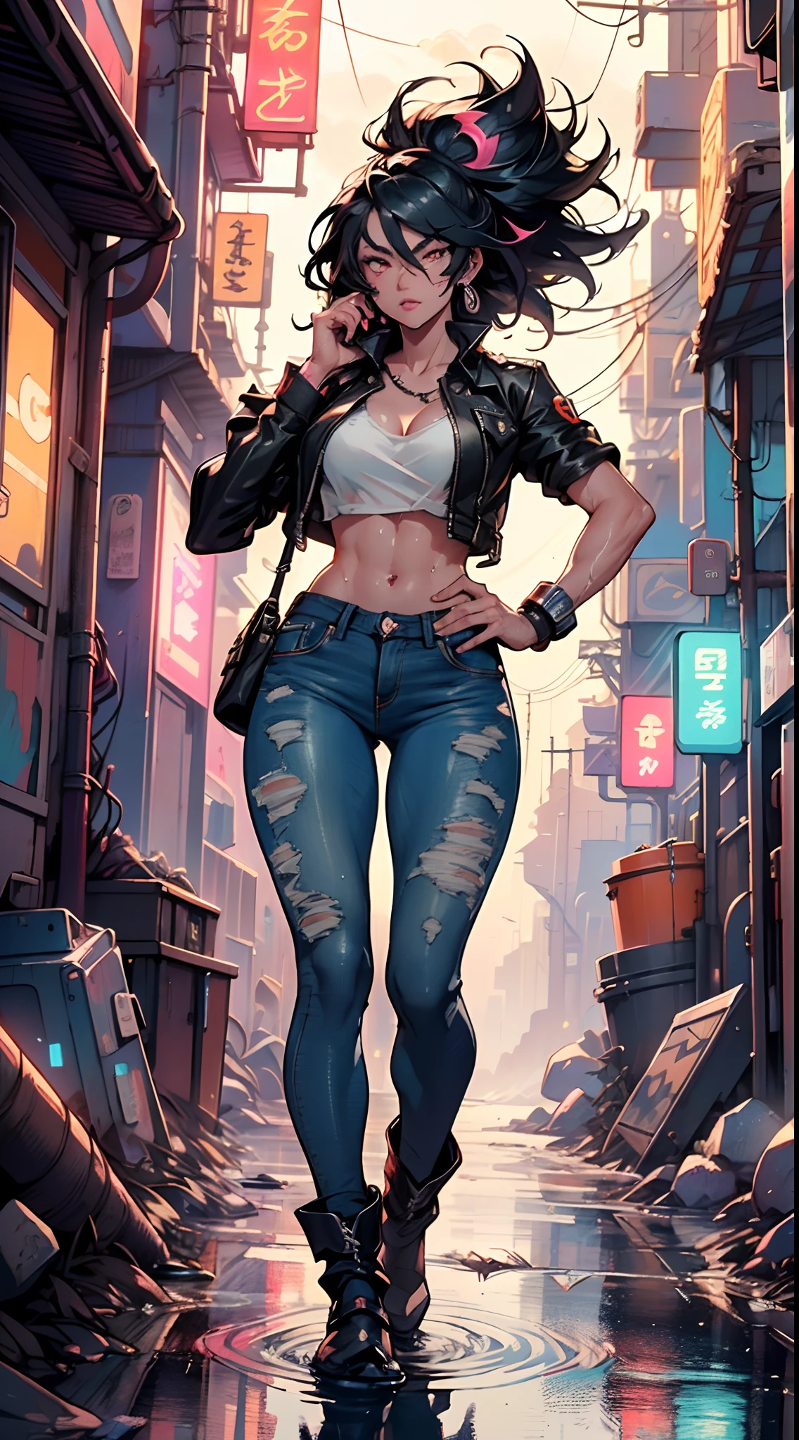 (1man:1.3),20-year-old,muscle,muscle man,(((male gender:1))),

(black hair,Wild Spike Black Saiyan hair),(((red_eyes:1.3))),intricate eyes,big pectorals,((muscle body,perfect ???????))),(((dirty skin:1.5,lustrous skin:1.5,bright skin: 1.5,skin tanned,shiny skin,very shiny skin,shiny body,plastic glitter skin,exaggerated shiny skin,illuminated skin,wet legs))),(detailed body,toned athletic body),

serious and thoughtful man,(nsfw),

dirt smeared face,(((bare back and chest))),((wet clothes,dirty clothes,torn clothes)),

(dynamic pose:1.0),solo focus,(angry),(centered,scale to fit dimensions,Rule of thirds),

cyberpunk city by the ocean at night, with bright neon signs and dark stormy clouds and puddles, scenery:1.25,nighttime, starry night, cosmos,Very dark night that makes the neon lights stand out, very bright neon lights,

artistic photography,(photography taken by sldr),highres, sharp focus,(ultra detailed, extremely detailed), (photorealistic artwork:1.37),(extremely detailed CG unity 8k wallpaper),((synthwave background theme)),(((vibrant colors))),intricate,(intricate background),(masterpiece),(best quality),photo realistic,analog style,((intricate detail)),(((realism))),