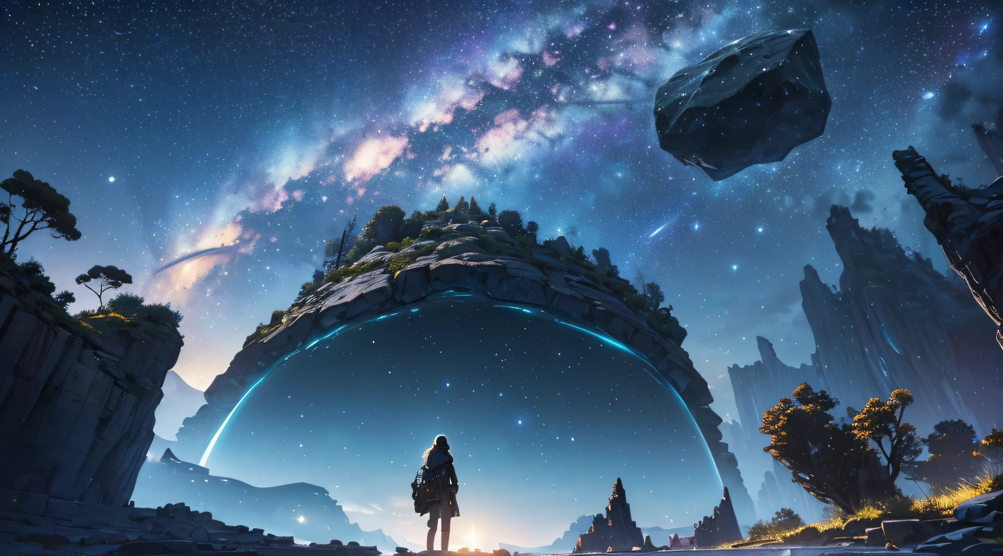 masterpiece、Background with((Fantastic starry sky、meteors、black hole))、Depth((One huge mysterious rock structure、Luminescent、plants))、a beauty girl、Rear view、Looking up