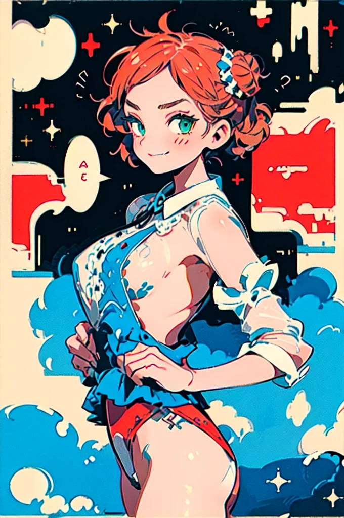 (masterpiece), best quality, highres, NSFW,
girl, (traditional media, 80s:1.4), (eyelashes:1.5),
(intricate high detailed body:1.2), (:1.4),
red hair, short hair, (twin messy bun),
green eyes,
lip stick,
slender body, large breasts,
(smirk:1.2), open mouth,
neckwear, (white lace leotard with sleeves:1.1),
(short frill skirt:1.1), see-through clothes, jewelry,
cowboy shot,
in royal palace,
