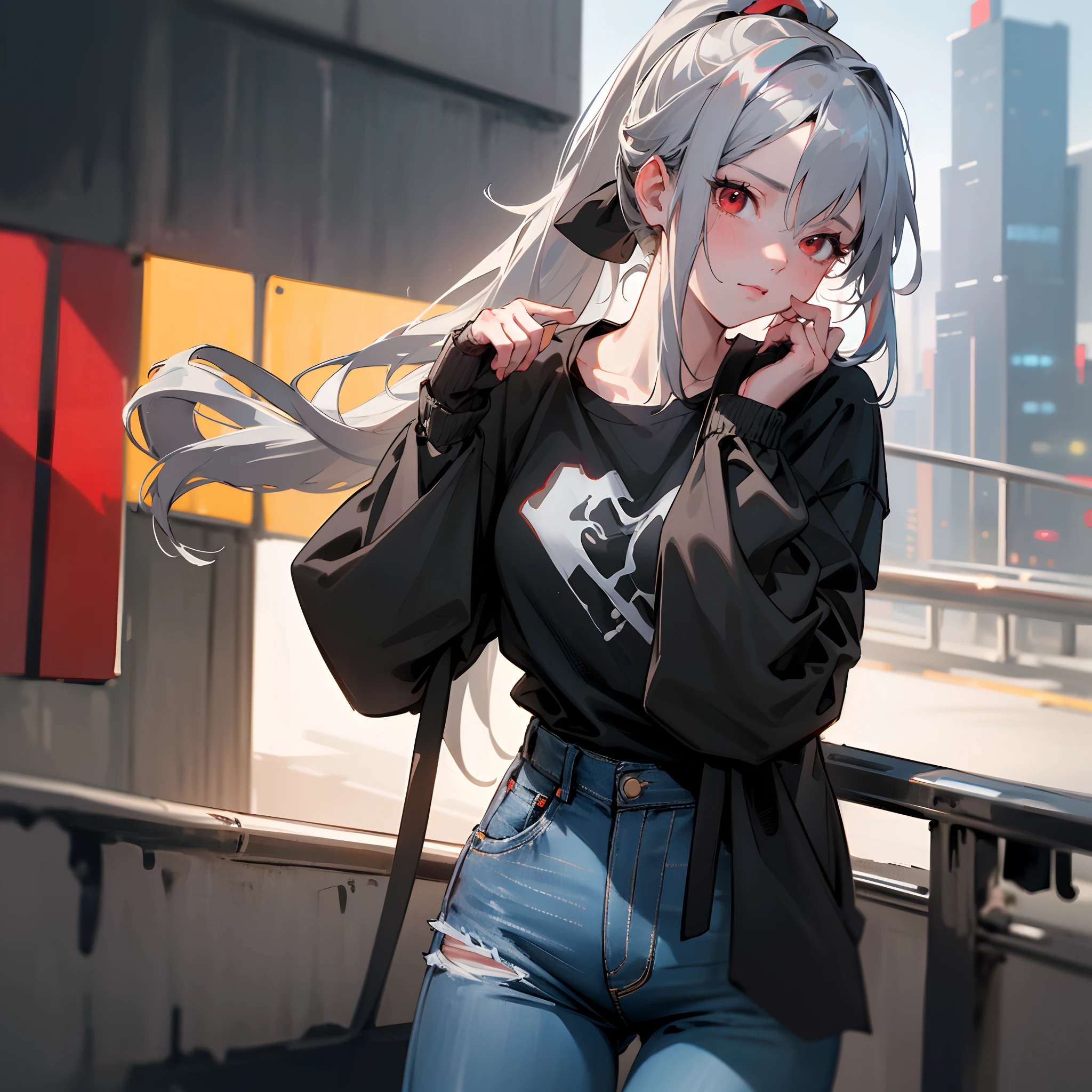 (8k), (best quality), (masterpiece: 1.2), (realistic), (photorealistic: 1.37), ultra detailed, one girl, viewer watching, half body, long plain T-shirt with a black jacket, baggy jeans, city life, high ponytail, silver hair, red eyes, close up