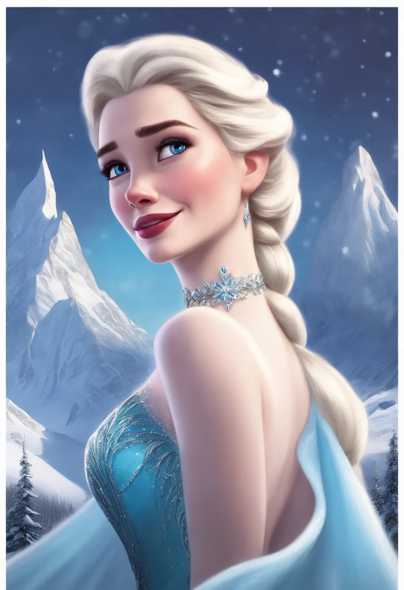 Elsa of Arendelle with her back to the painting，Raise Your Hands High, To unleash the magic，A snow-capped mountain rises in front of you，frozen, naked ass.