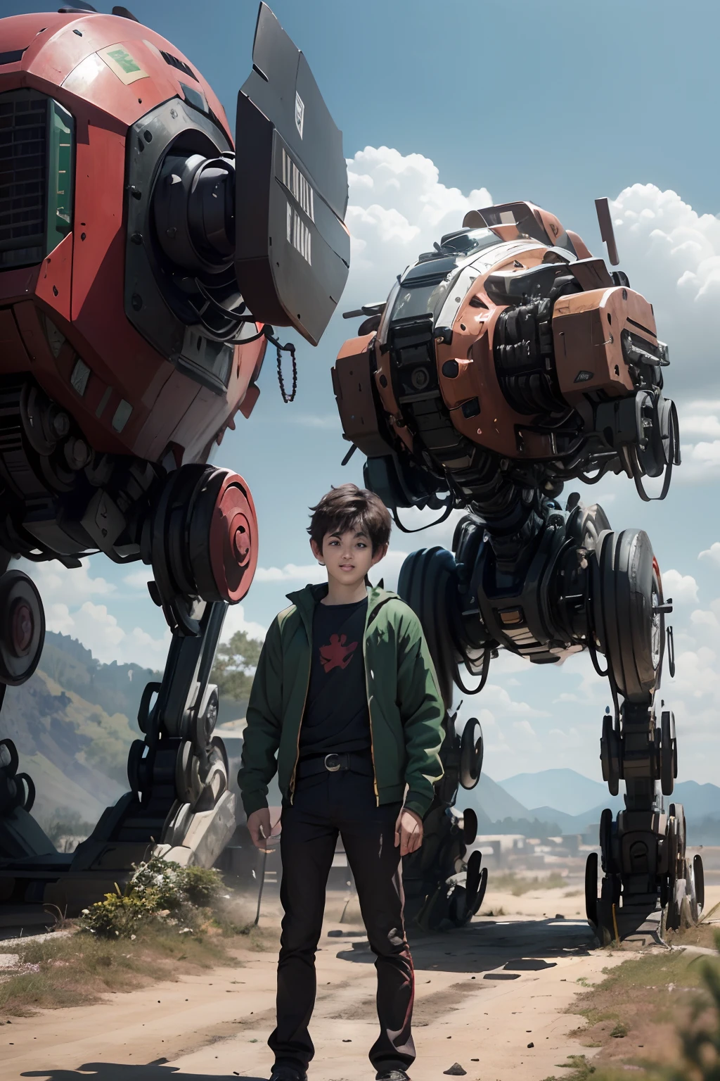 (1 boy  is standing in front of a red humanoid mech:1.4)),,Unreal Engine,8k render,Full color,best quality,,ultra high res,Super realistic art,best quality,masterpiece,illustration,an extremely delicate and beautiful,CG,unity,wallpaper,official art.hyperrealistic,Amazing,finely detail,extremely detailed CG unity 8k wallpaper,(realistic, photo-realistic:1.37).,(Red and black and white and green mecha color scheme:1.4),