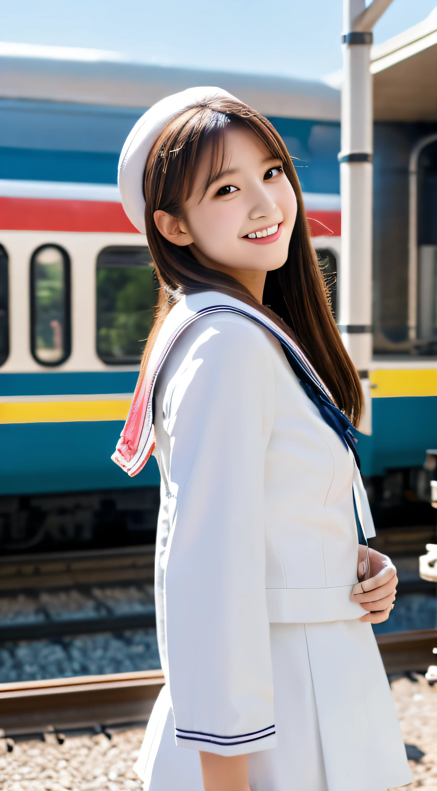 Ultra high-definition images, 1girl in, Solo, tree,Outdoors, White top and bottom sailor suit,Full Body Image Cloud, Brown hair, High-Definition Lens,fullbody image,At the train station,In the crowd, Smile and turn to me,