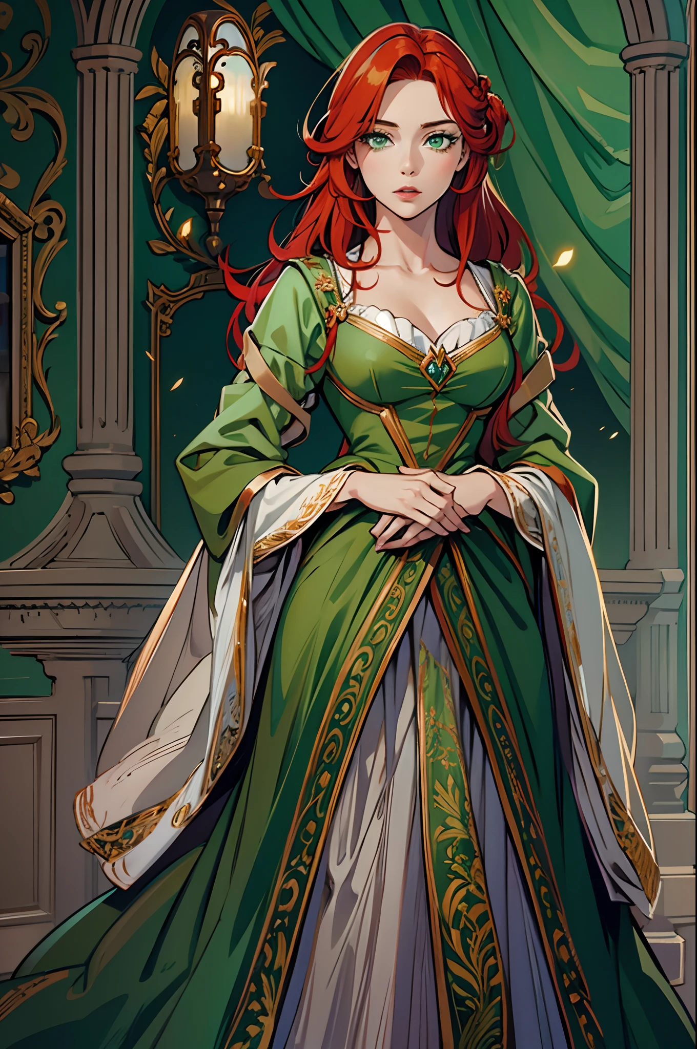 beautiful, redhead, long hair, side part hairstyle, dark green eyes, princess