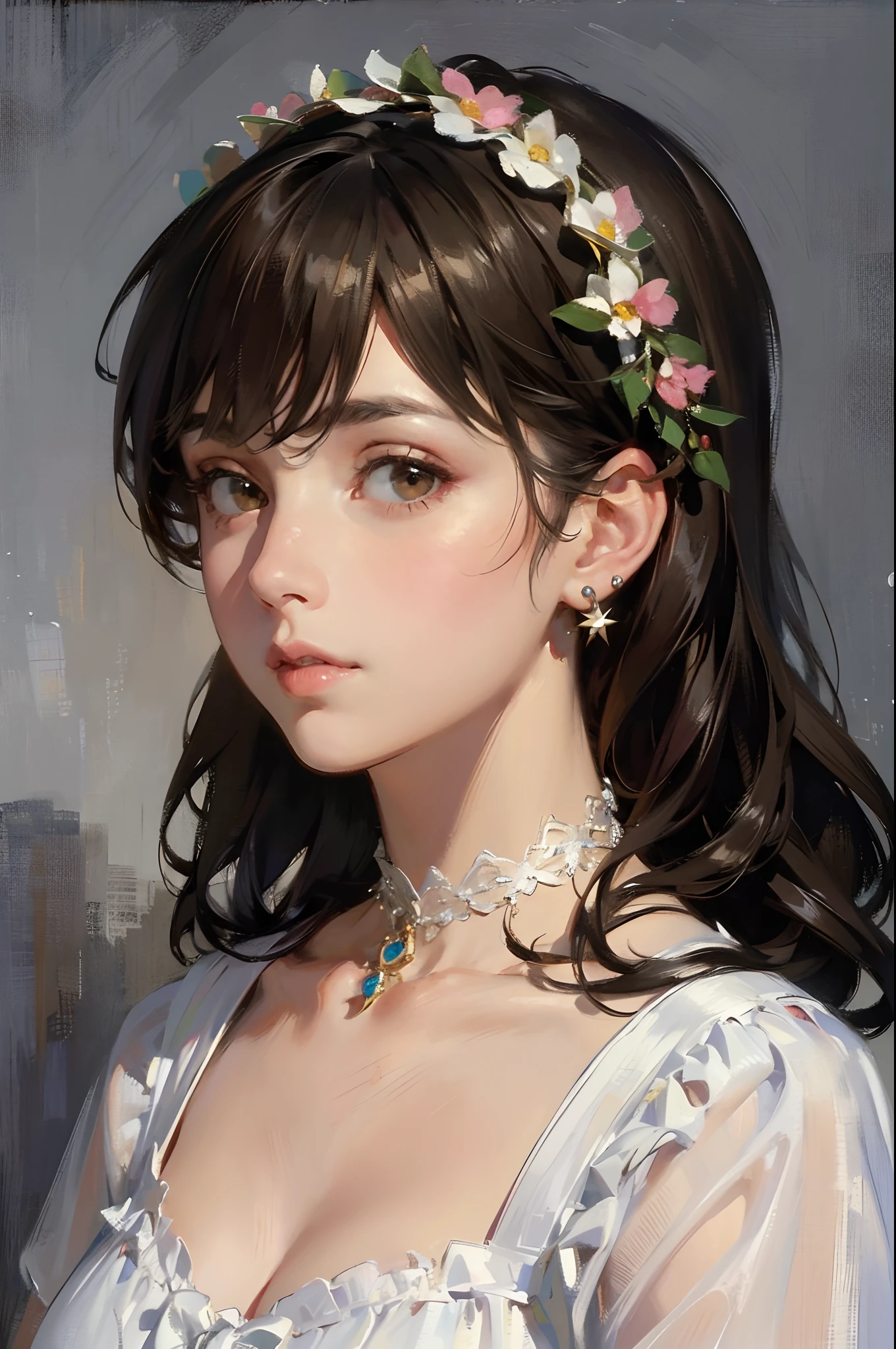 Cute, Ultra-detailed, illustration, Intricate, Detailed, Extremely detailed, Detailed face, Soft lighting, Soft light, Soft focus, Perfect face, Beautiful, Accurate anatomy, Overexposure, 8K, 4K, (A high resolution:1.1), Best quality, (Masterpiece:1.3), 1girll, Solo, jewelry, Brown eyes, view the viewer, Earrings, whaite hair, bangs, choker necklace, Closed mouth, Portrait, Watch, hair adornments, Simple background, greybackground, Long hair, head rest, Lips, Hair accessories hair bye, Black necklace, bow, eyeslashes,(Monet, Impresionismo, Oil painting), 00