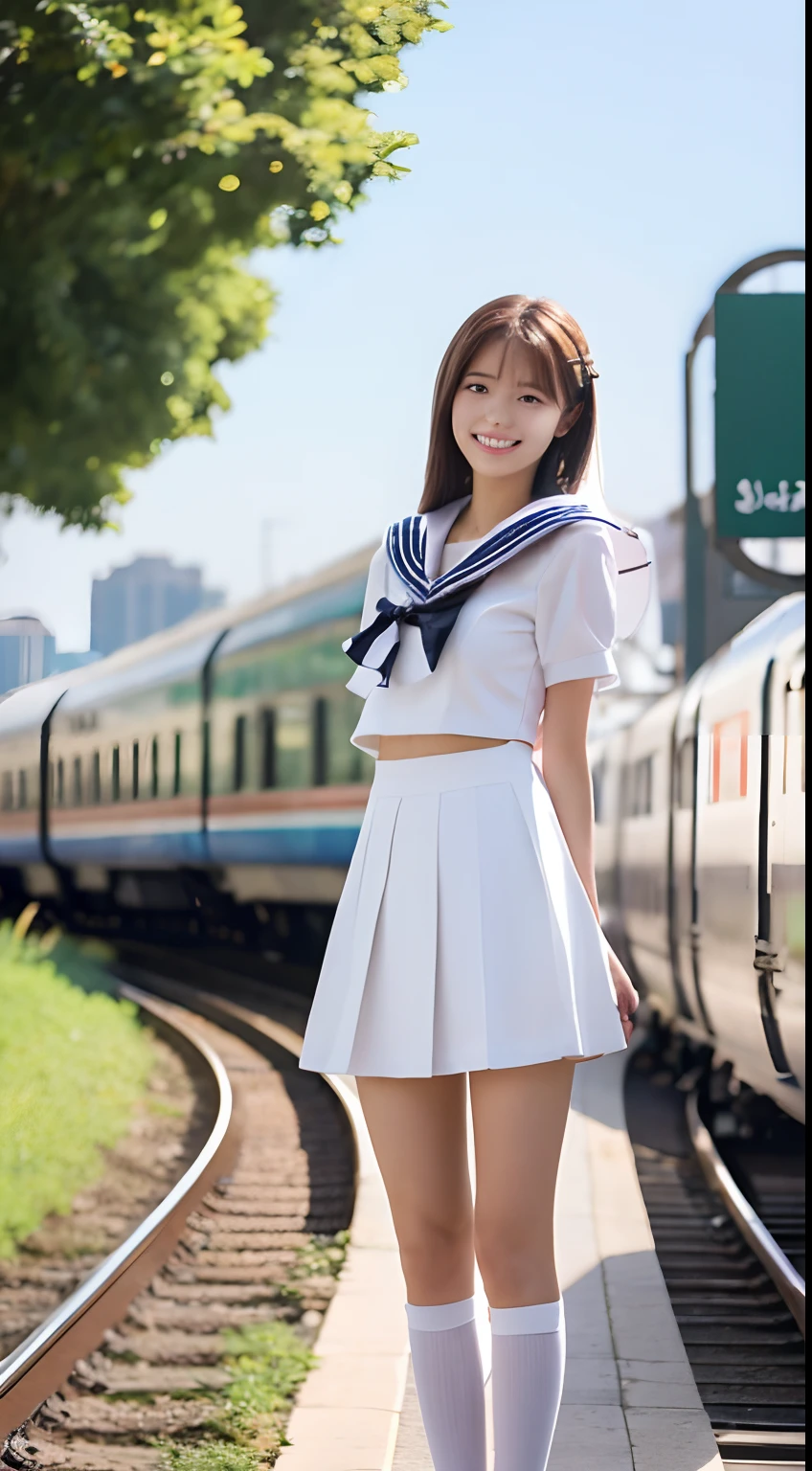 Ultra high-definition images, 1girl in, Solo, tree,Outdoors, White top and bottom sailor suit,Full Body Image Cloud, Brown hair, High-Definition Lens,fullbody image,At the train station,In the crowd, Smile and turn to me,